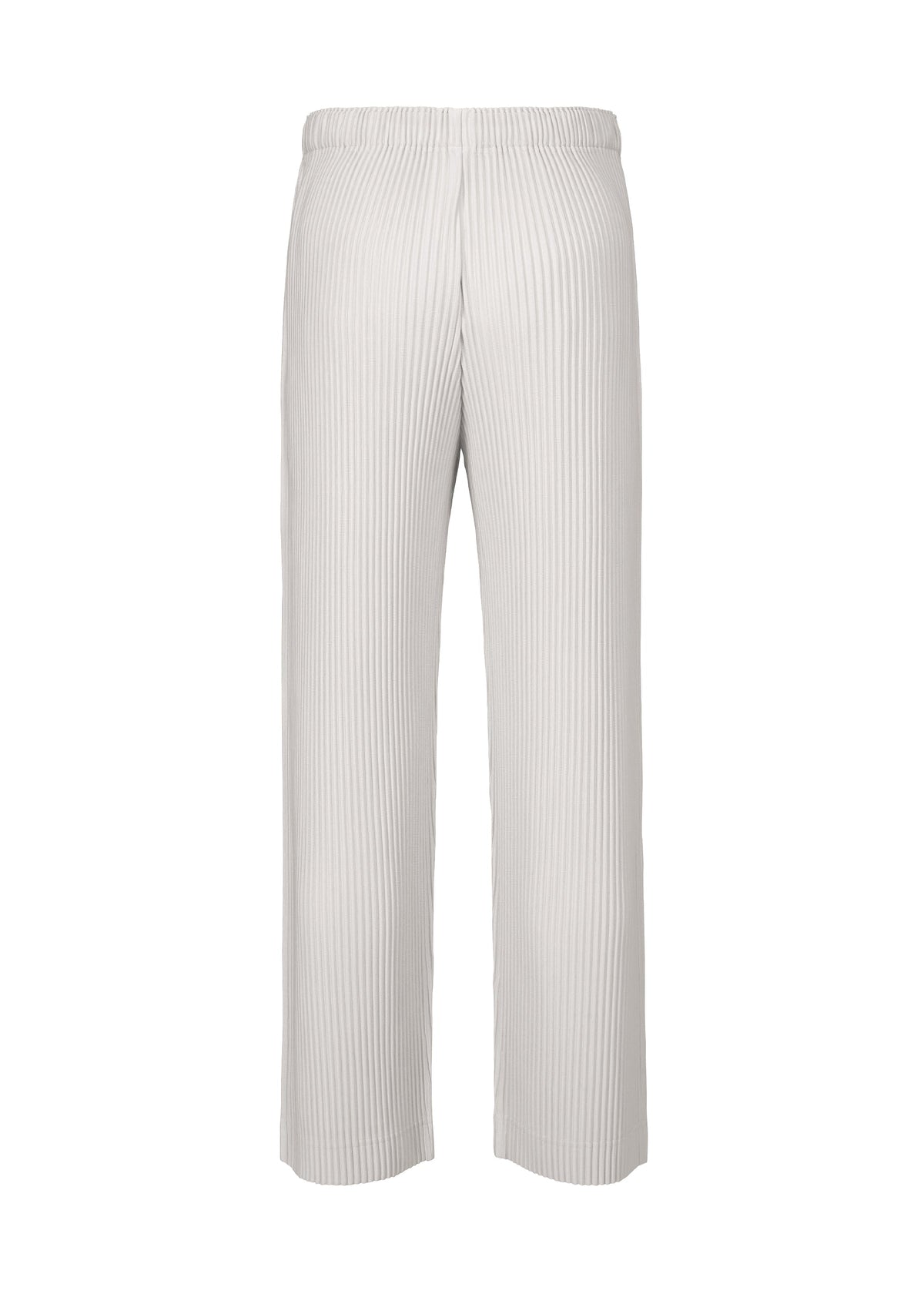 Back view of HOMME PLISSÉ ISSEY MIYAKE COLOR PLEATS 1: light gray pleated jersey pants with a relaxed silhouette and elastic waistband, shown against a white background. view 4 of 8