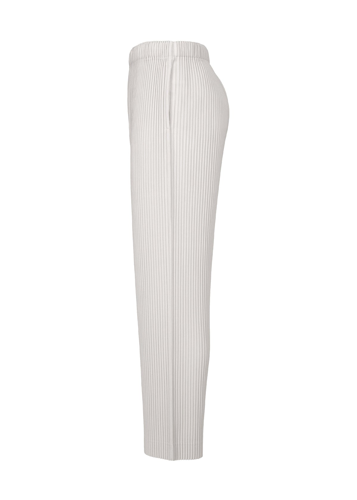 Side view of COLOR PLEATS 1, light-colored high-waisted pleated jersey pants with relaxed silhouette and elastic waistband by HOMME PLISSÉ ISSEY MIYAKE, shown on a white background. view 5 of 8