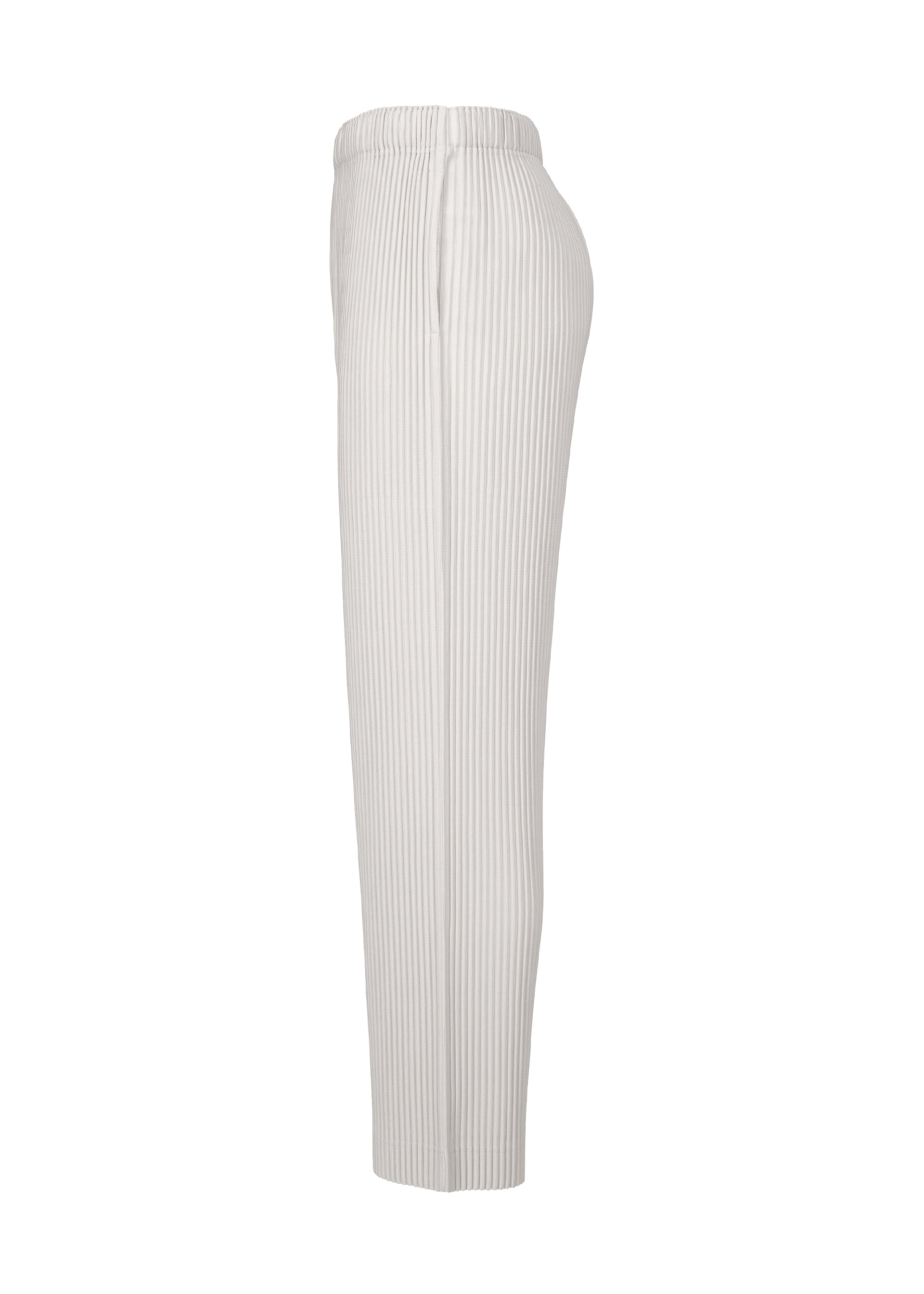 Zoomed view Side view of COLOR PLEATS 1, light-colored high-waisted pleated jersey pants with relaxed silhouette and elastic waistband by HOMME PLISSÉ ISSEY MIYAKE, shown on a white background.
