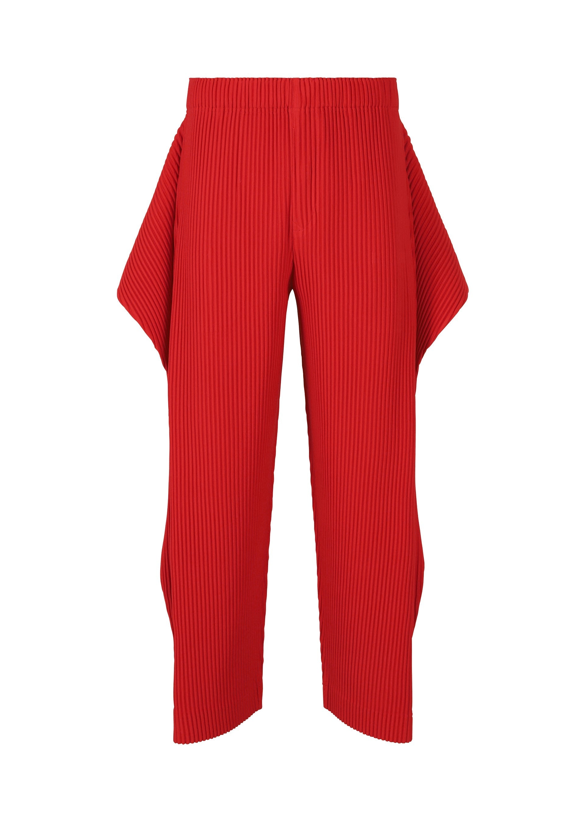 Zoomed view The COVER AND FOLD pants by HOMME PLISSÉ ISSEY MIYAKE feature red pleats, an elastic waistband, and wide flared side panels with an architectural design, shown on a plain white background. - TOMATO RED （no.27）