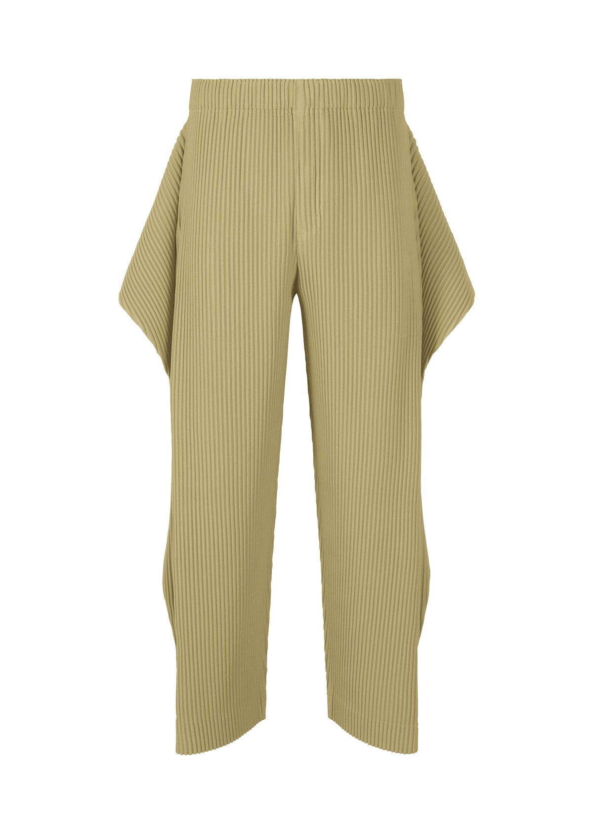 The COVER AND FOLD pants by HOMME PLISSÉ ISSEY MIYAKE feature a beige ribbed, pleated design with straight legs and flared hip panels, evoking an architectural look against a plain white background. view 3 of 8
