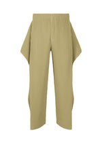 The COVER AND FOLD pants by HOMME PLISSÉ ISSEY MIYAKE feature a beige ribbed, pleated design with straight legs and flared hip panels, evoking an architectural look against a plain white background. - CT ROCK GREEN GRAY （no.68）
