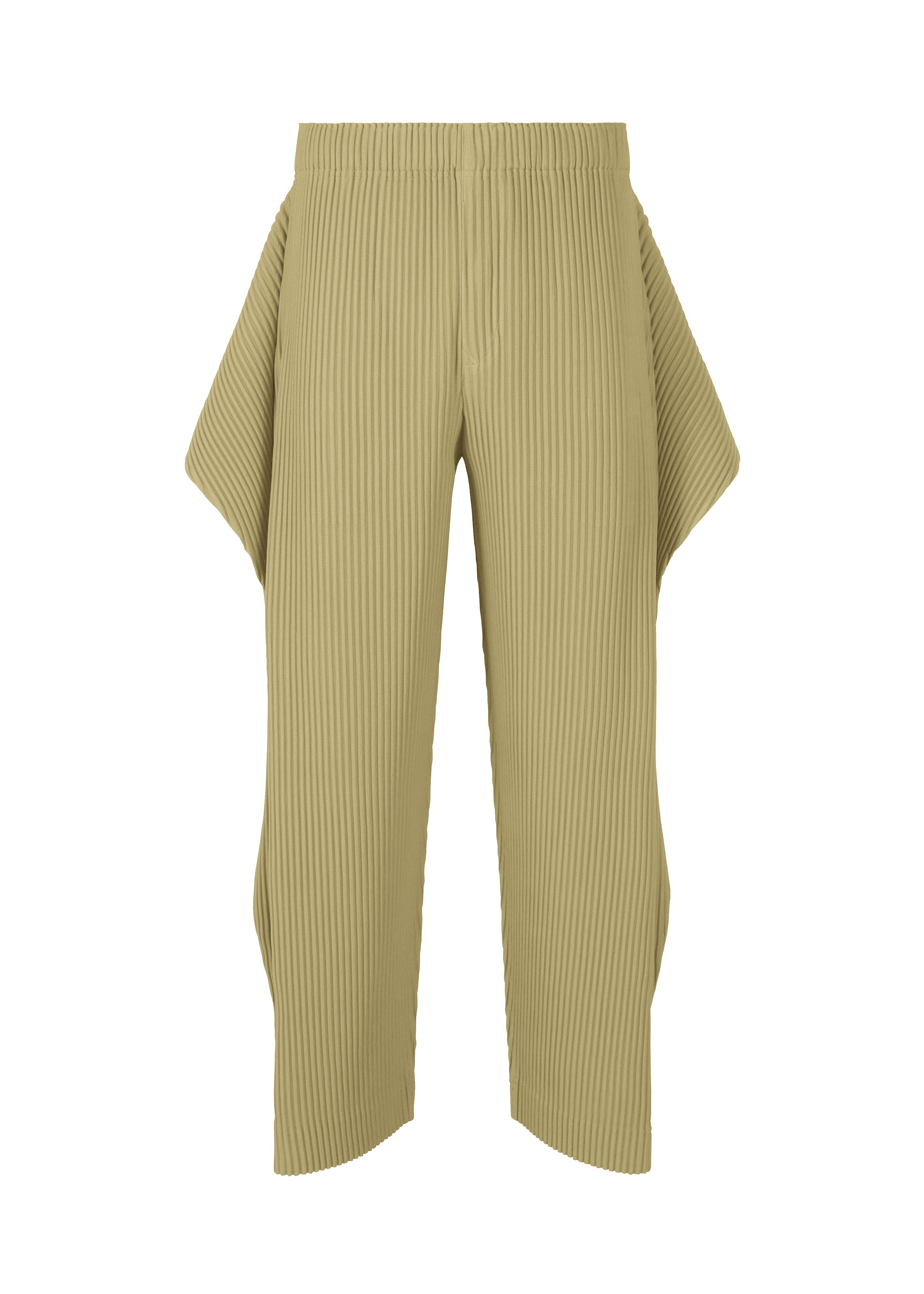Zoomed view The COVER AND FOLD pants by HOMME PLISSÉ ISSEY MIYAKE feature a beige ribbed, pleated design with straight legs and flared hip panels, evoking an architectural look against a plain white background. - CT ROCK GREEN GRAY （no.68）