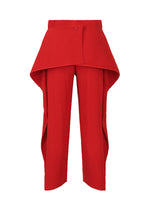 The COVER AND FOLD pants by HOMME PLISSÉ ISSEY MIYAKE feature red pleats, a structured overskirt at the waist, and a high-waisted, wide-leg design for an architectural, sculptural silhouette.