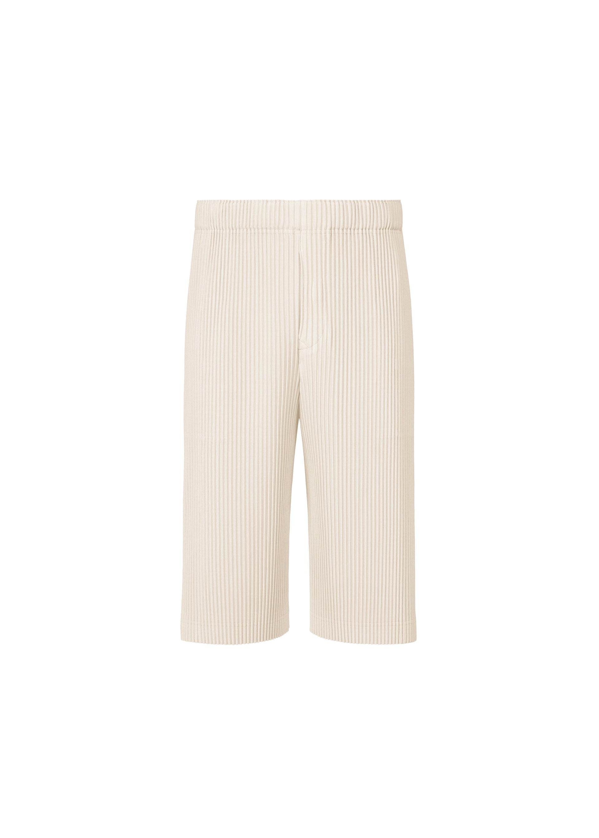 Zoomed view The WEAR OR WRAP shorts by HOMME PLISSÉ ISSEY MIYAKE feature a beige, knee-length pleated design with vertical ribbed texture, elastic waistband, and relaxed fit, shown against a plain white background. - DUOMO BEIGE （no.42）