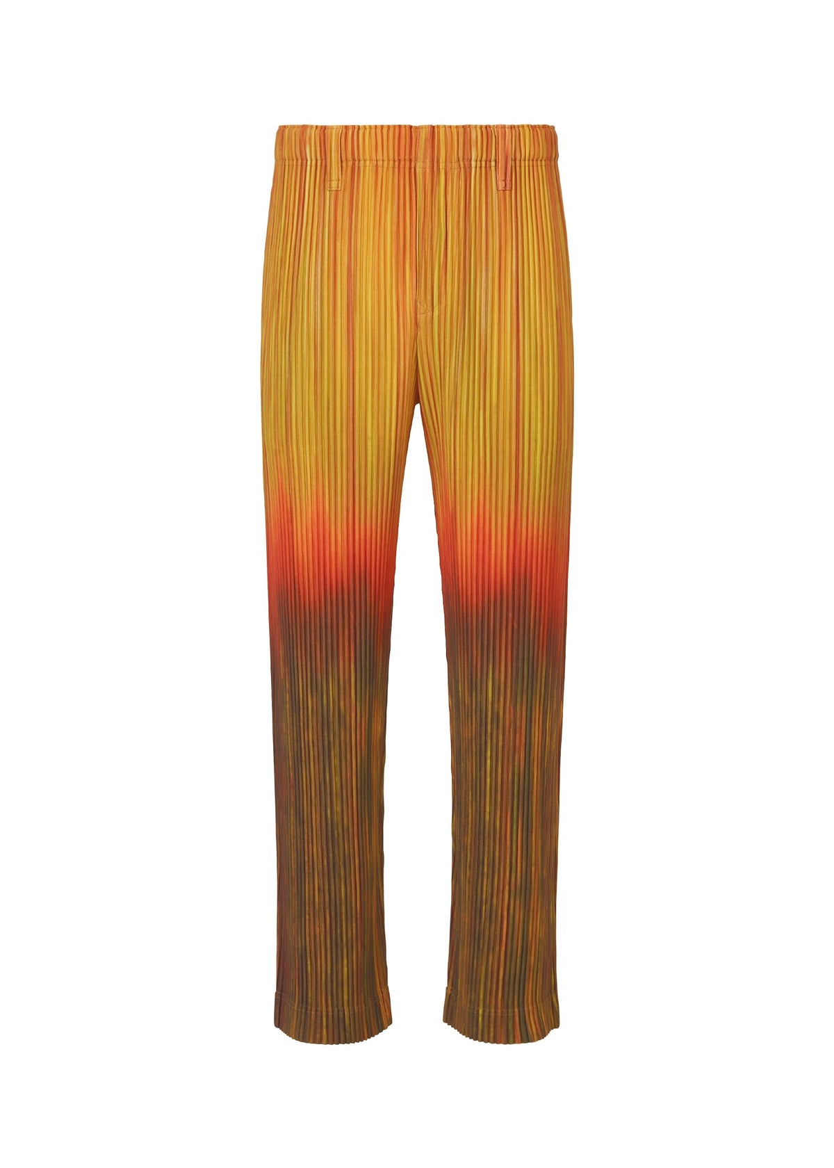 The PAINT BRUSH CLOSE-UP pants by HOMME PLISSÉ ISSEY MIYAKE feature pleats and a bold color gradation from yellow to orange and brown, shown against a plain white background. view 1 of 7