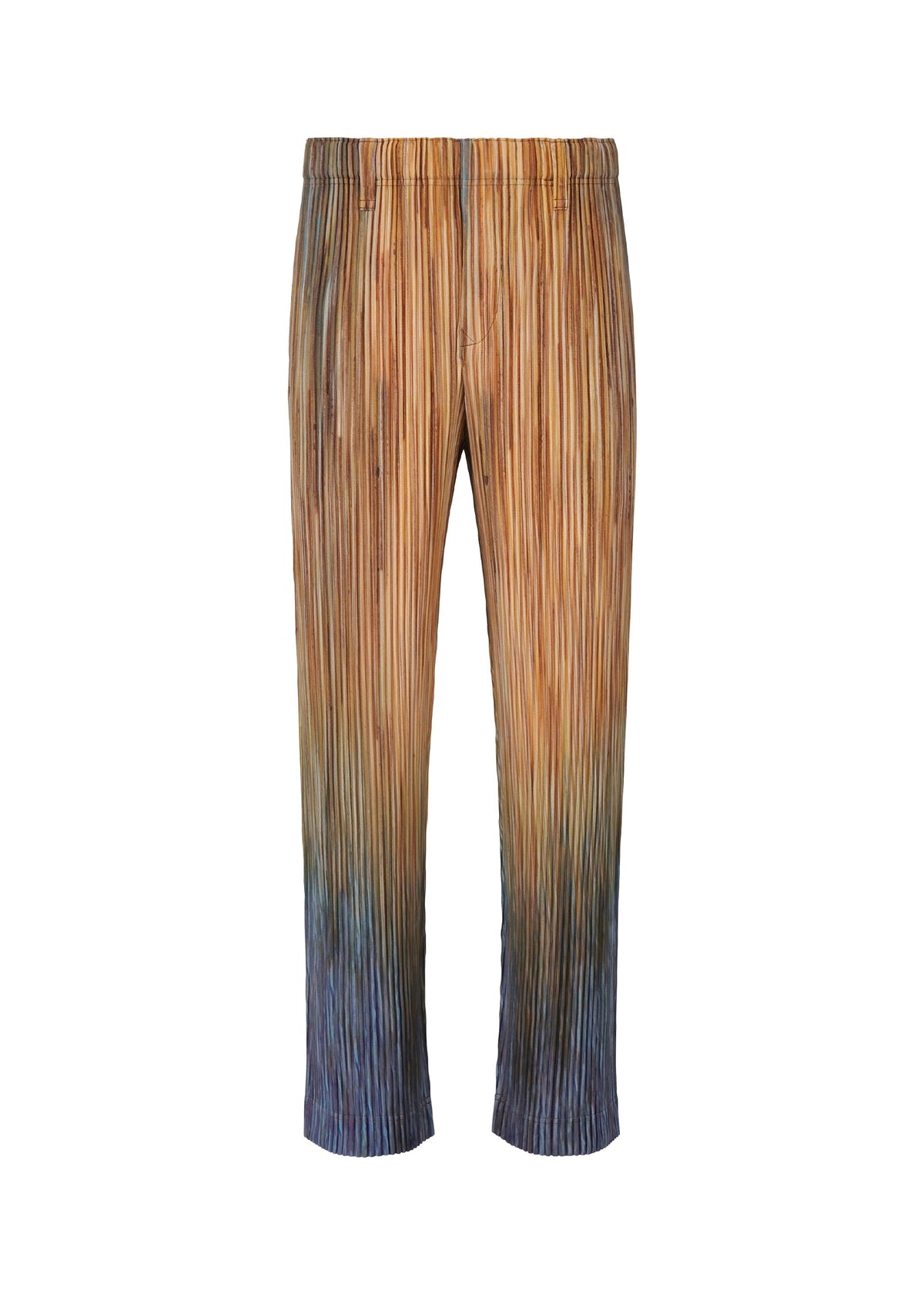 The PAINT BRUSH CLOSE-UP pants by HOMME PLISSÉ ISSEY MIYAKE feature a straight cut and vertical stripes in brown, gold, and blue with a distinct color gradation that transitions from light at the top to dark at the bottom. view 2 of 7