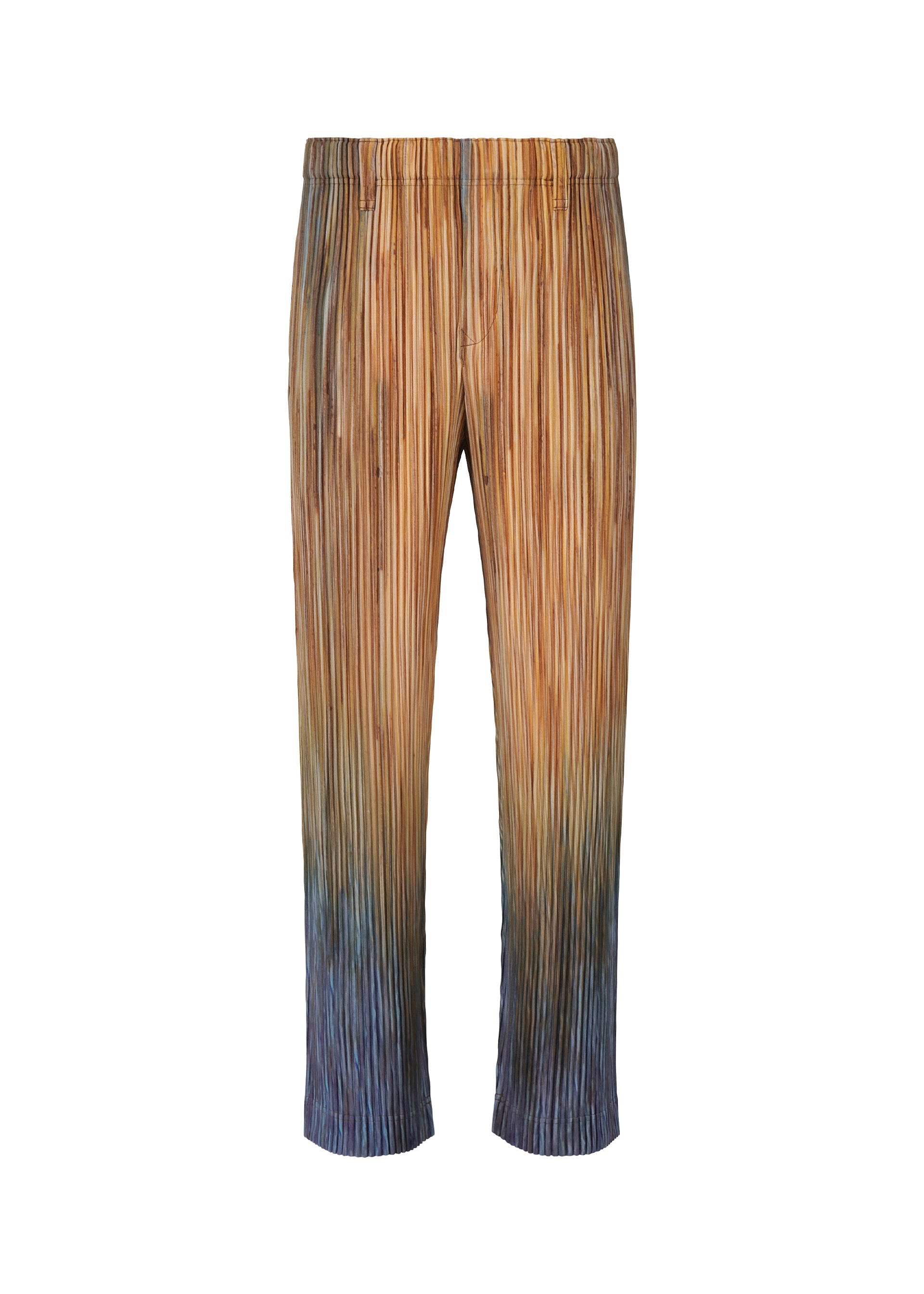 Zoomed view The PAINT BRUSH CLOSE-UP pants by HOMME PLISSÉ ISSEY MIYAKE feature a straight cut and vertical stripes in brown, gold, and blue with a distinct color gradation that transitions from light at the top to dark at the bottom. - BROWN （no.44）