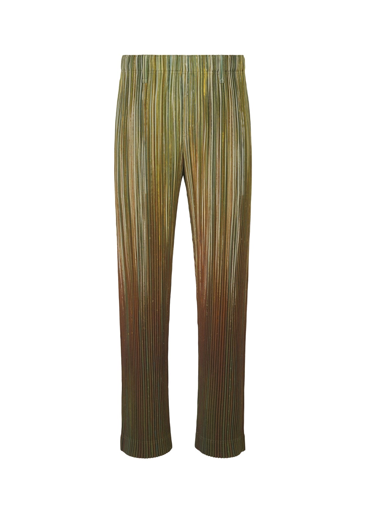 The PAINT BRUSH CLOSE-UP pants by HOMME PLISSÉ ISSEY MIYAKE are pleated, high-waisted straight pants with an elastic waistband and feature a color gradation of green, yellow, and brown on patterned fabric. view 3 of 7