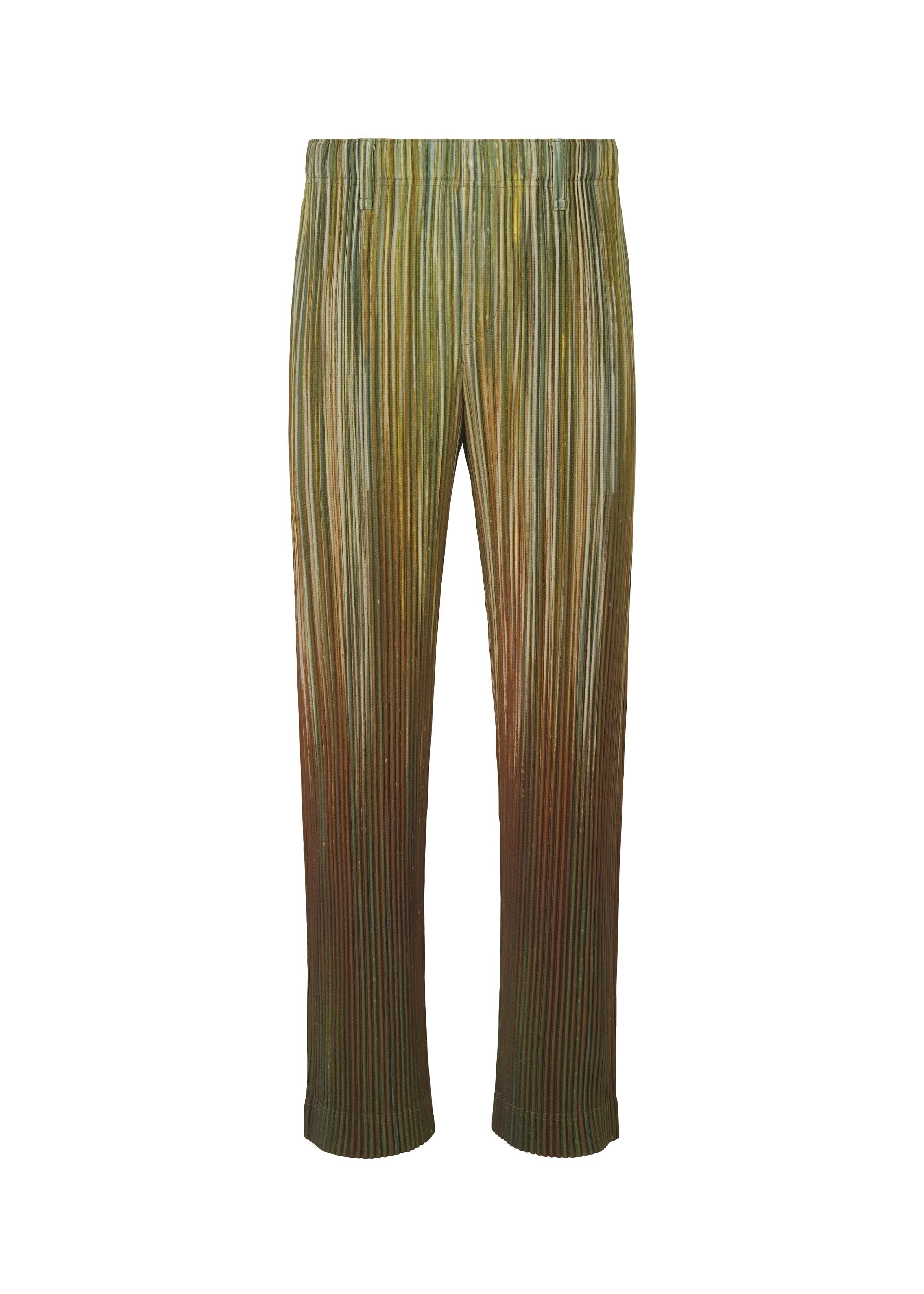 Zoomed view The PAINT BRUSH CLOSE-UP pants by HOMME PLISSÉ ISSEY MIYAKE are pleated, high-waisted straight pants with an elastic waistband and feature a color gradation of green, yellow, and brown on patterned fabric. - GREEN （no.62）