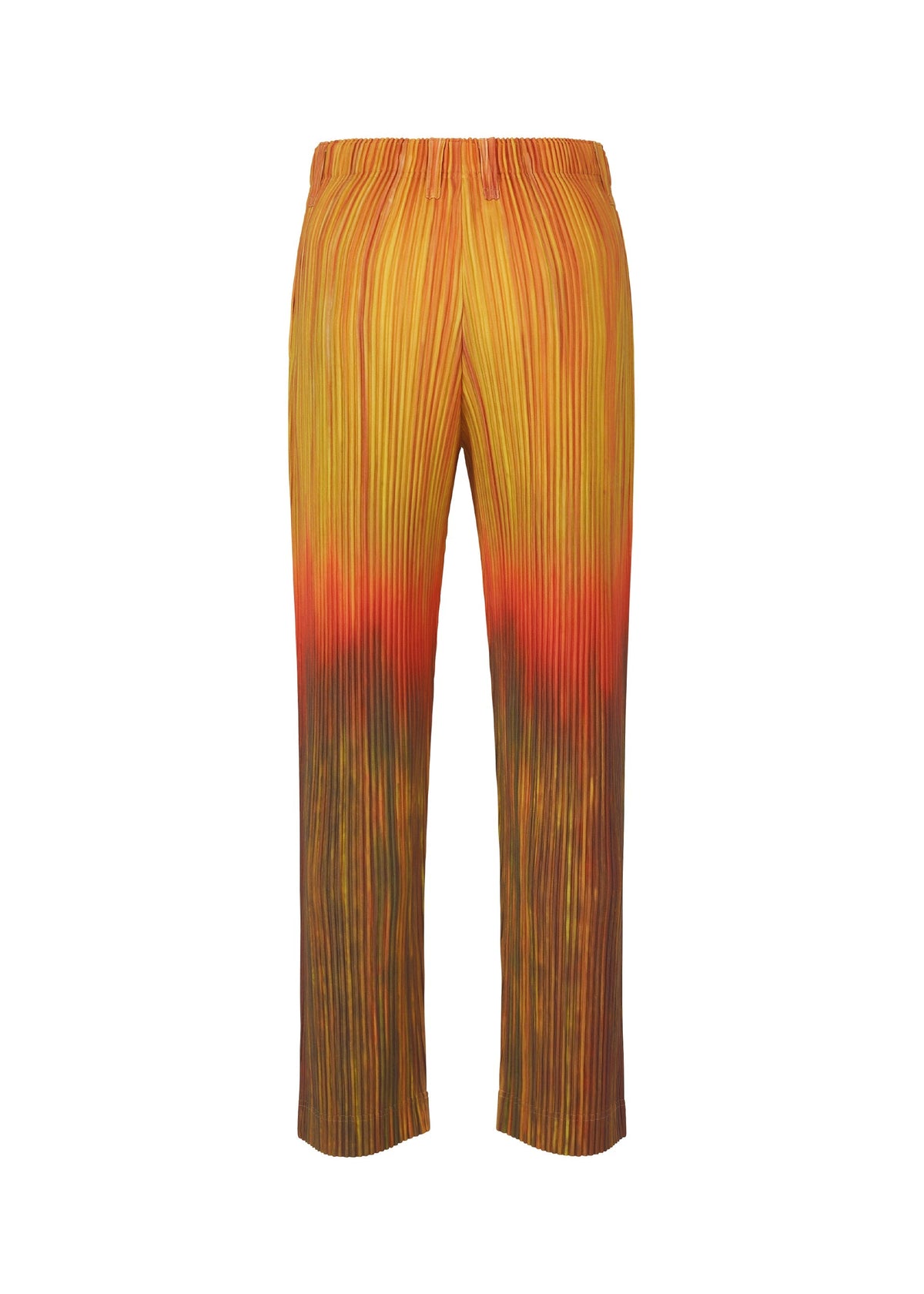 The PAINT BRUSH CLOSE-UP pants by HOMME PLISSÉ ISSEY MIYAKE feature pleats, an elastic waistband, and a color gradient transitioning from yellow at the waist to orange in the middle and brown at the hem. view 4 of 7