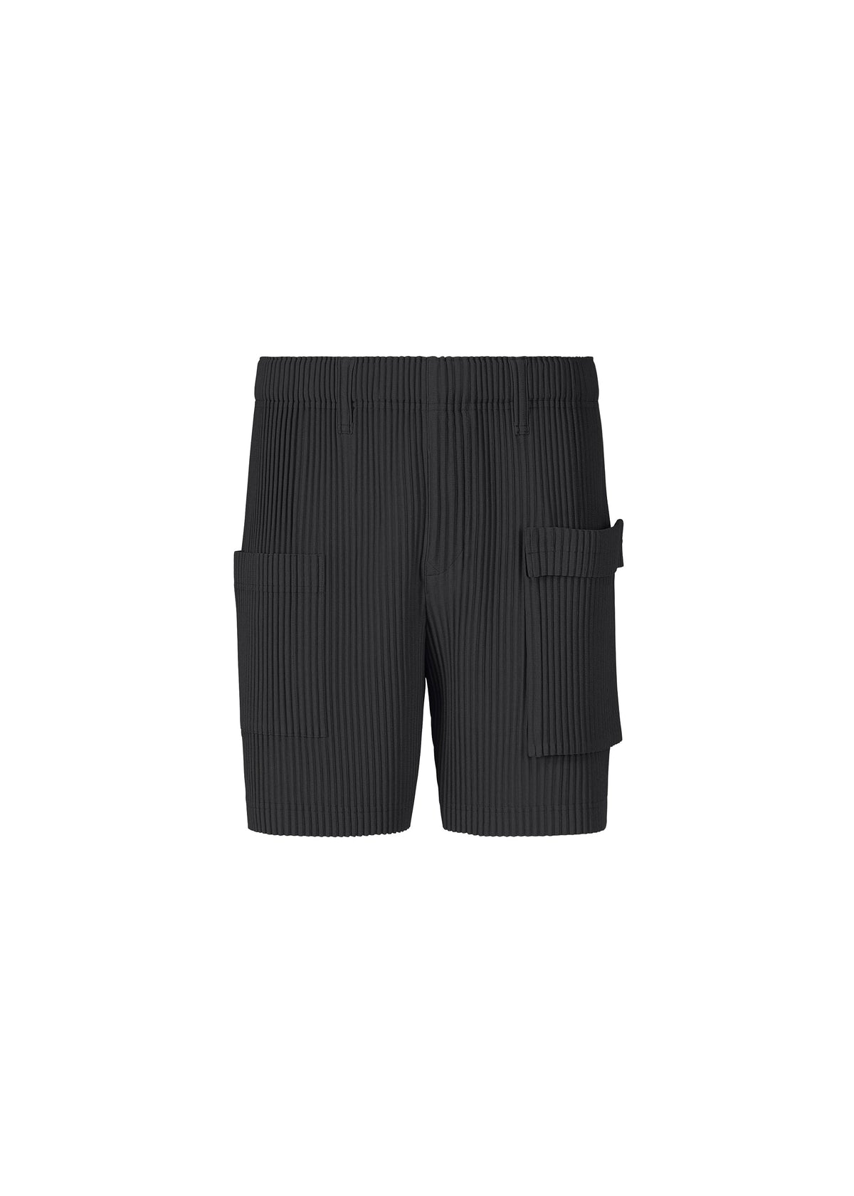 PAINTER’S GEAR by HOMME PLISSÉ ISSEY MIYAKE: black pleated painter shorts featuring an elastic waistband, button-fly design, and large utility cargo pockets, shown on a plain white background. view 1 of 10