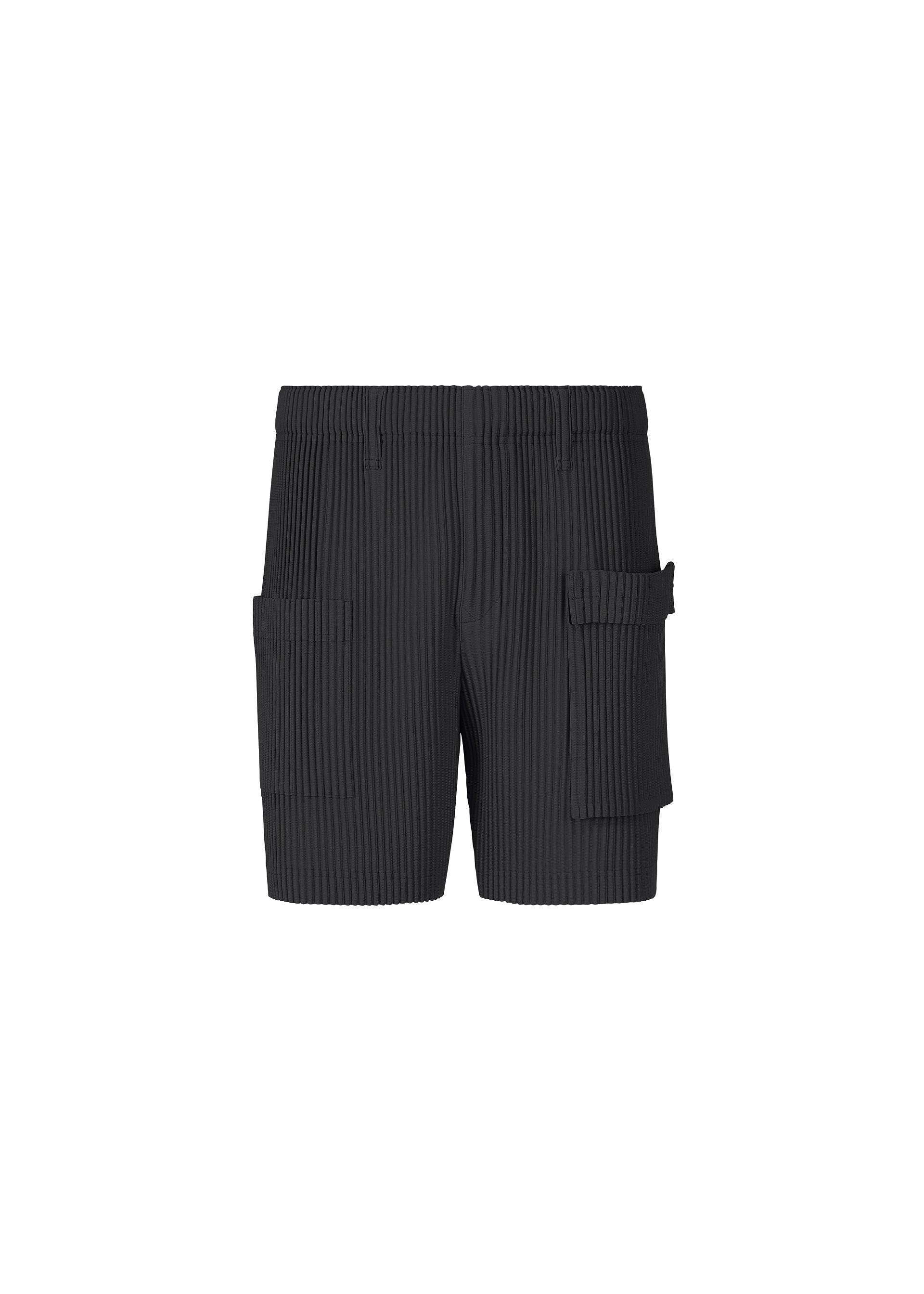 Zoomed view PAINTER’S GEAR by HOMME PLISSÉ ISSEY MIYAKE: black pleated painter shorts featuring an elastic waistband, button-fly design, and large utility cargo pockets, shown on a plain white background. - BLACK （no.15）
