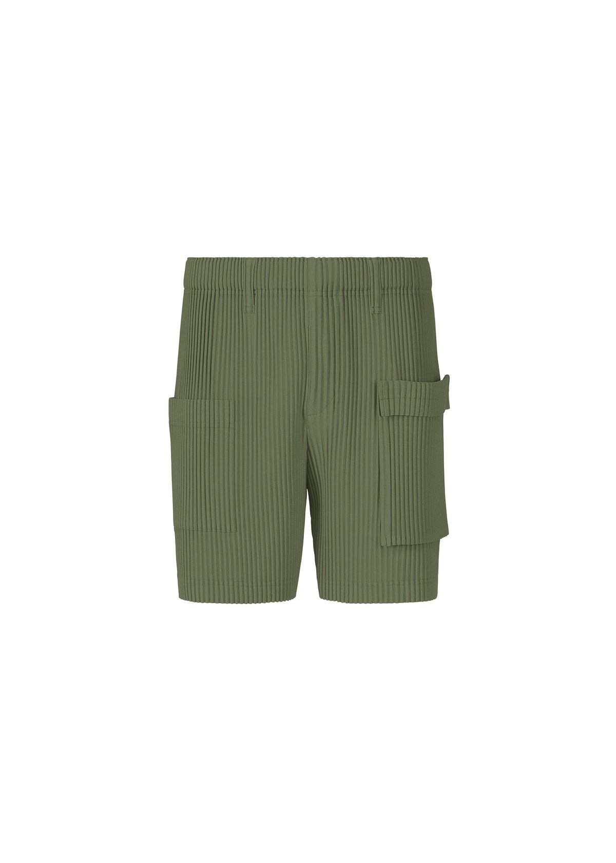 The PAINTER’S GEAR shorts by HOMME PLISSÉ ISSEY MIYAKE are olive green, ribbed cargo shorts with an elastic waist and multiple large utility flap pockets, shown on a plain white background. view 3 of 10