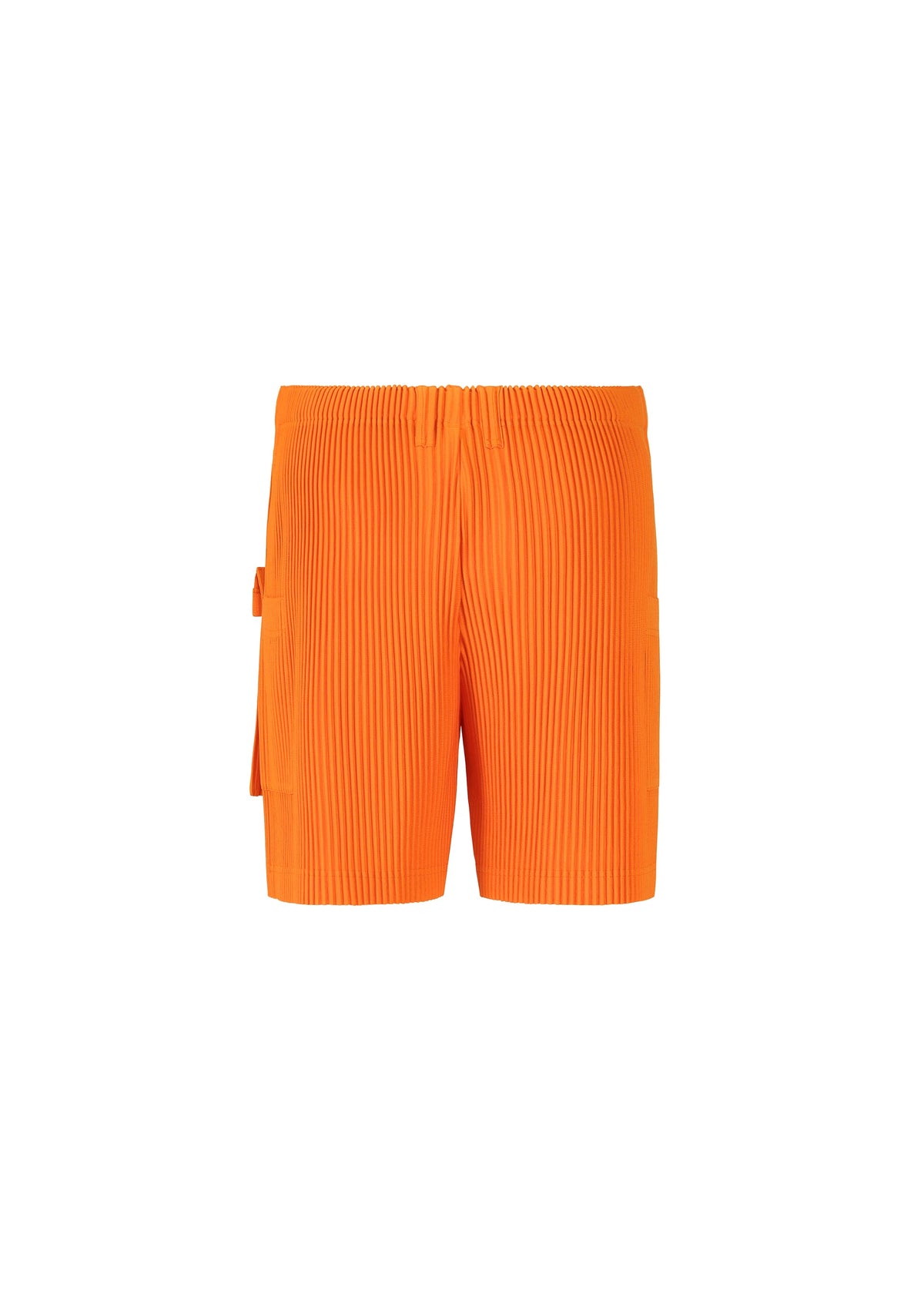 The PAINTER’S GEAR shorts by HOMME PLISSÉ ISSEY MIYAKE are bright orange, pleated, and feature an elastic waistband and a utility pocket, shown against a plain white background. view 4 of 10