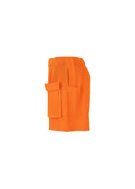The HOMME PLISSÉ ISSEY MIYAKE PAINTER’S GEAR is a bright orange, ribbed knee-length skirt with large utility pockets, pleated textured fabric, and a relaxed yet structured fit, shown in a side view against a white background.