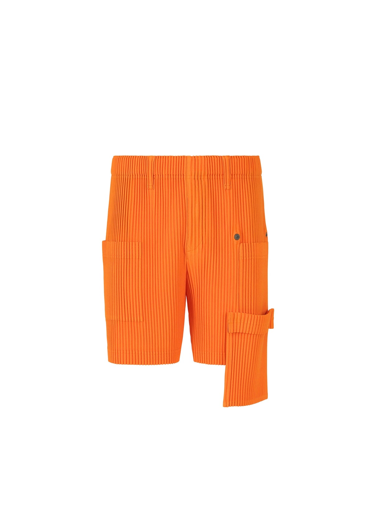 The HOMME PLISSÉ ISSEY MIYAKE PAINTER’S GEAR shorts in bright orange feature a ribbed texture, utility pockets, and a detachable right-side pouch. Shown on a plain white background. view 6 of 10