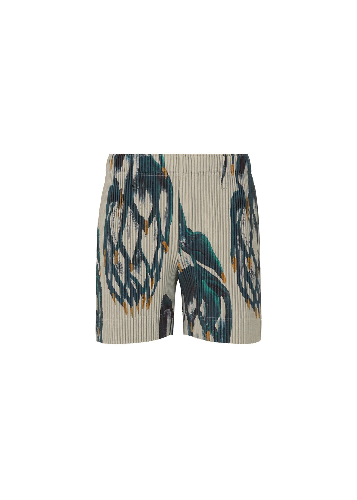 The FRUITS & VEGETABLES shorts by HOMME PLISSÉ ISSEY MIYAKE feature a beige pleated design, elastic waistband, and a bold teal, black, and mustard yellow abstract pattern inspired by Italian market prints. view 1 of 8