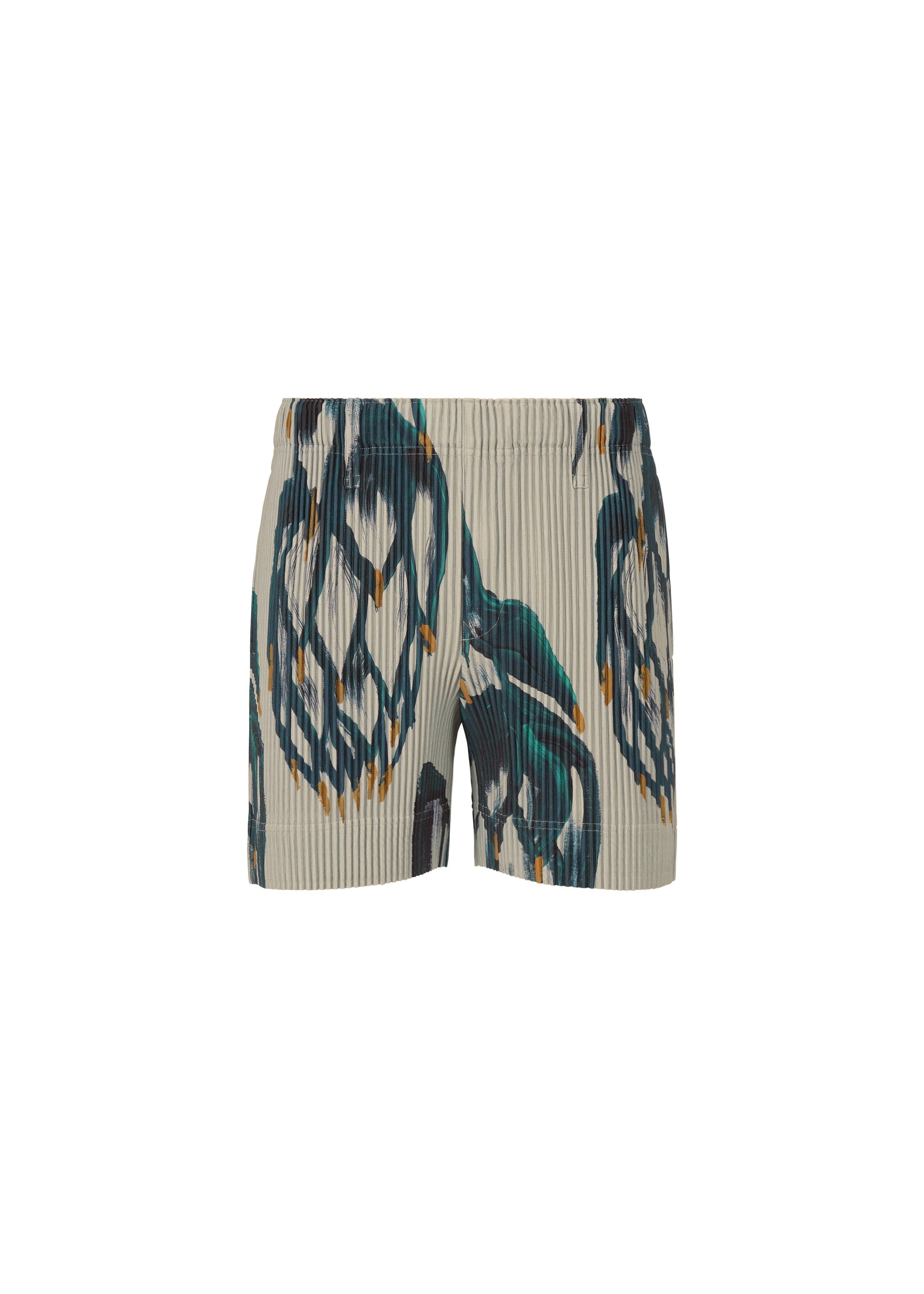 Zoomed view The FRUITS & VEGETABLES shorts by HOMME PLISSÉ ISSEY MIYAKE feature a beige pleated design, elastic waistband, and a bold teal, black, and mustard yellow abstract pattern inspired by Italian market prints. - GRAY （no.12）