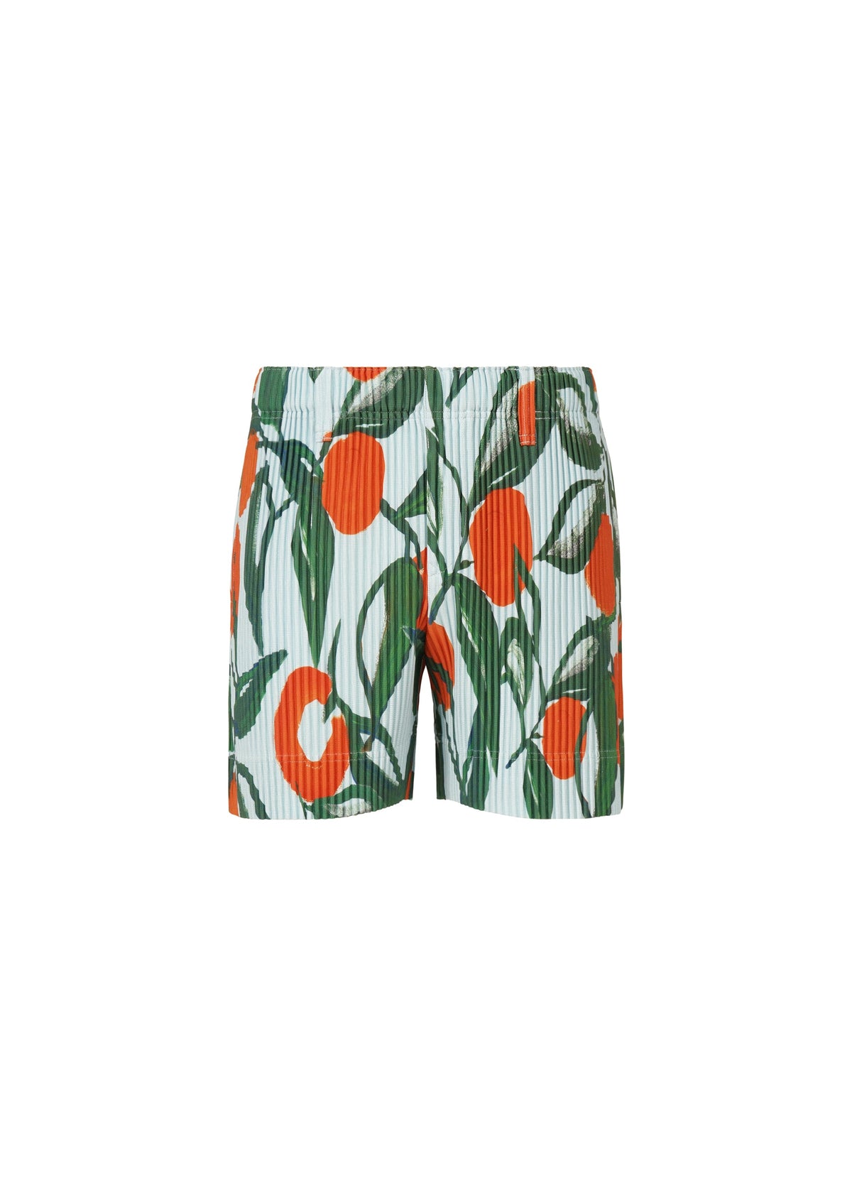The HOMME PLISSÉ ISSEY MIYAKE FRUITS & VEGETABLES shorts feature a white base with lively orange fruit and green leaf prints. These casual shorts offer a relaxed fit and an elastic waistband for comfort. view 3 of 8