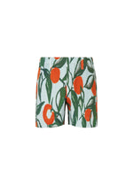 The HOMME PLISSÉ ISSEY MIYAKE FRUITS & VEGETABLES shorts feature a white base with lively orange fruit and green leaf prints. These casual shorts offer a relaxed fit and an elastic waistband for comfort. - BLUE （no.72）