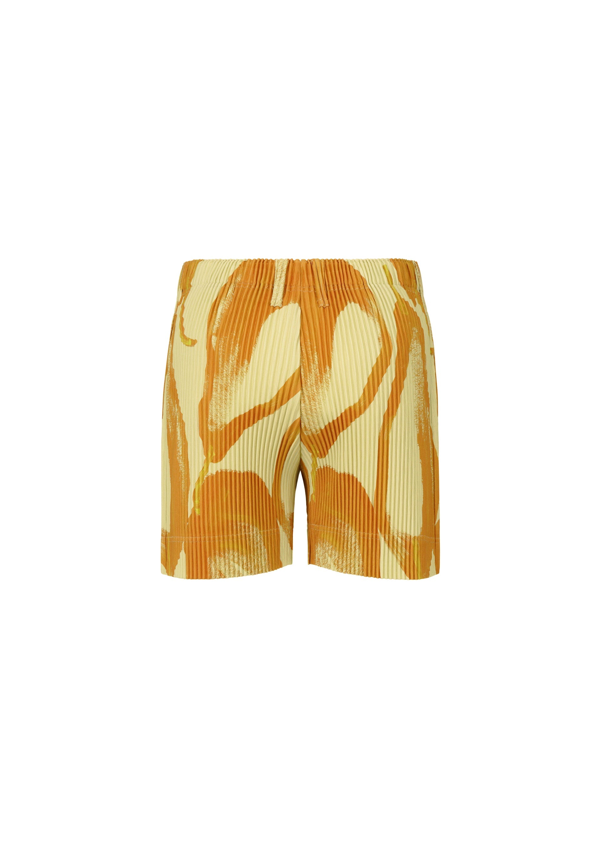Zoomed view HOMME PLISSÉ ISSEY MIYAKE's FRUITS & VEGETABLES high-waisted ribbed shorts, featuring an abstract orange and beige swirl inspired by Italian markets, are shown against a plain white background.