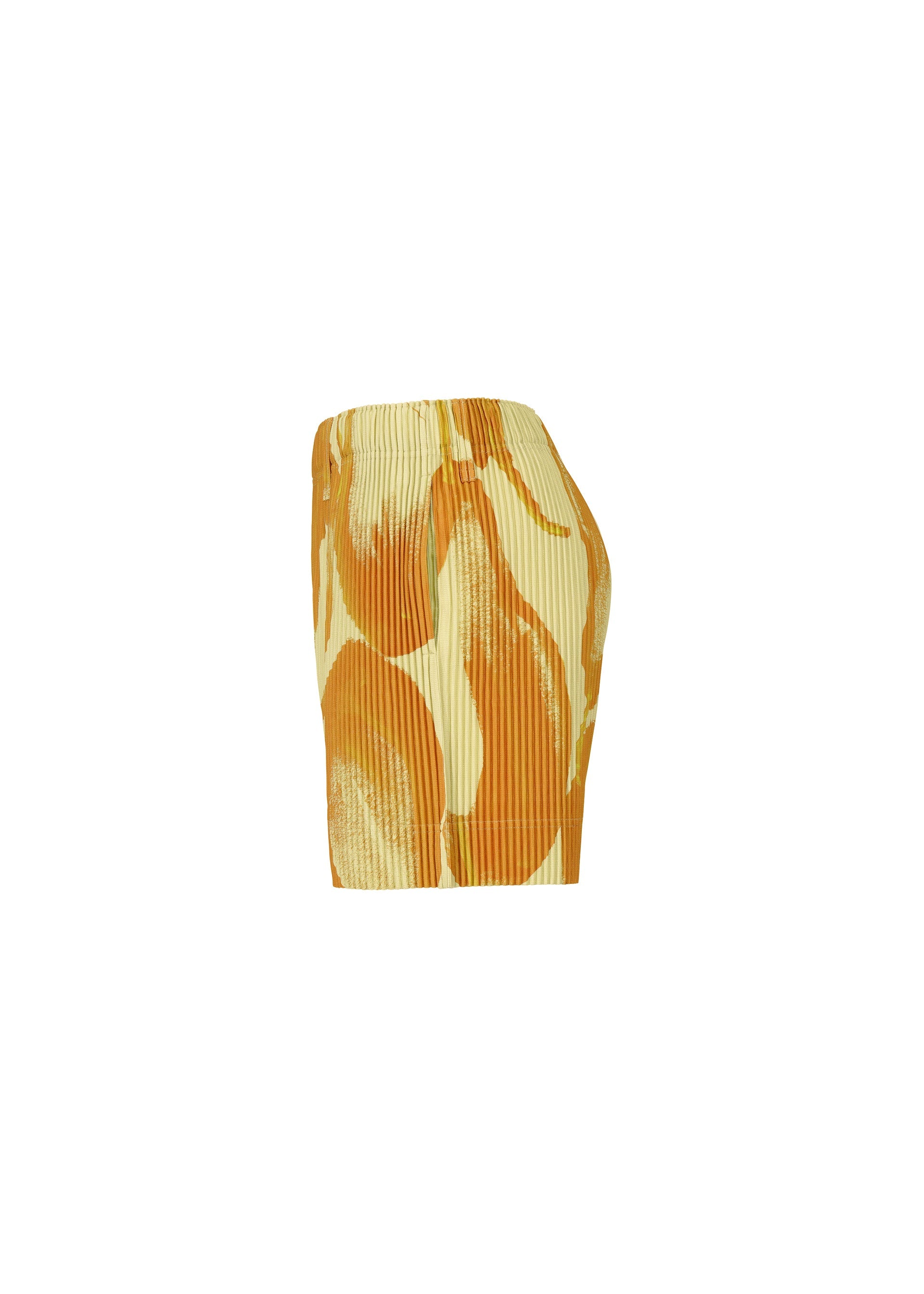 Zoomed view Side view of the FRUITS & VEGETABLES high-waisted ribbed skirt by HOMME PLISSÉ ISSEY MIYAKE, featuring an abstract yellow and orange swirl print on white, inspired by Italian market motifs.
