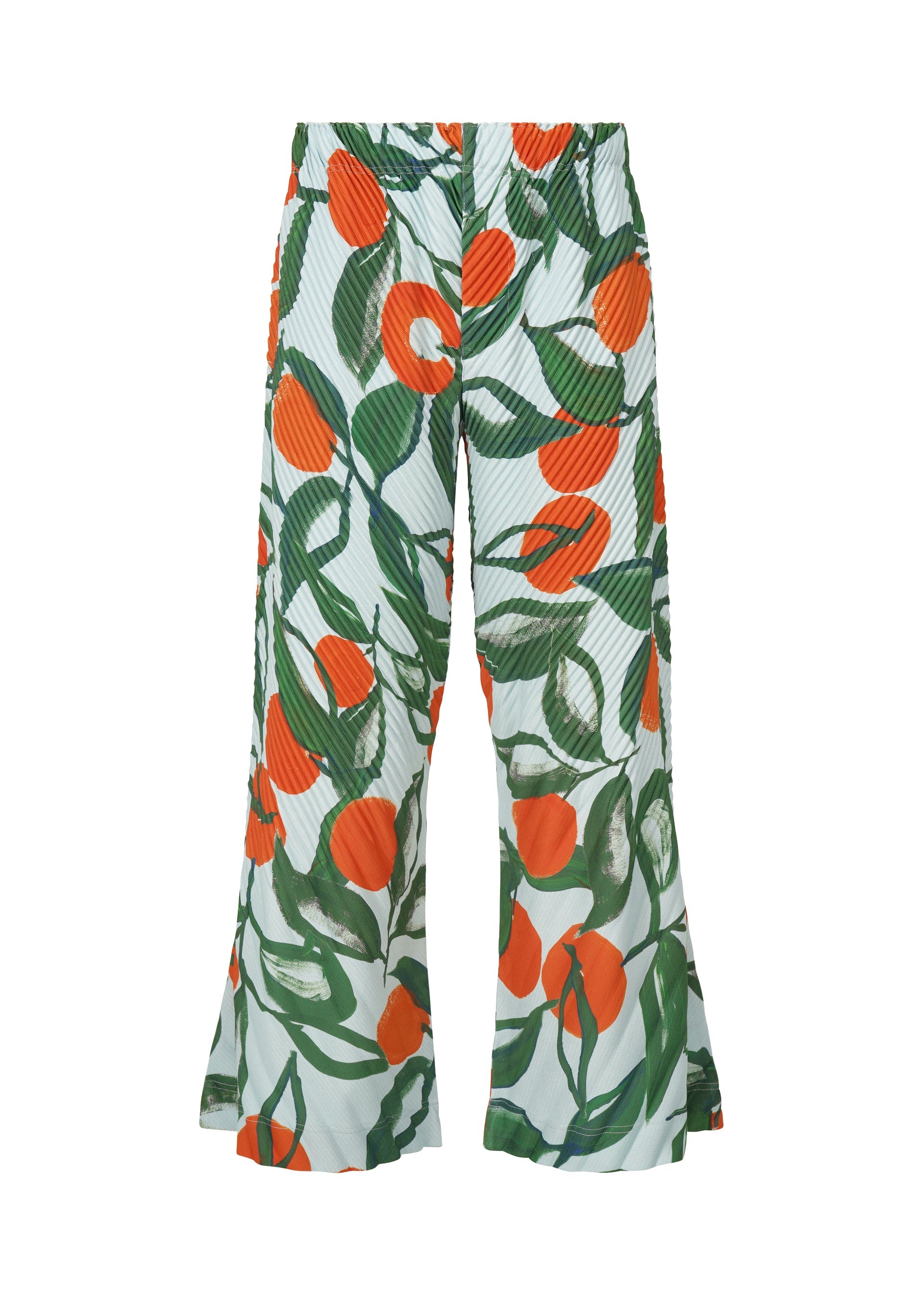 Zoomed view The HOMME PLISSÉ ISSEY MIYAKE FRUITS & VEGETABLES pants feature a vibrant nature-inspired print with bold orange fruit and green leaves on white, evoking Italian market style for a relaxed, summery vibe. - BLUE (no.72)