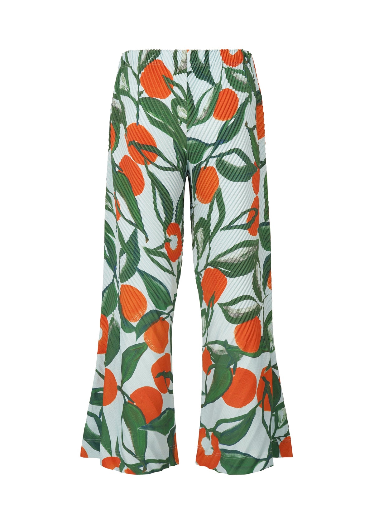 The FRUITS & VEGETABLES pants by HOMME PLISSÉ ISSEY MIYAKE feature a bold Italian market-inspired print with large oranges and green leaves on white, wide-leg silhouette, flared hem, and elastic waistband for comfort. view 3 of 6
