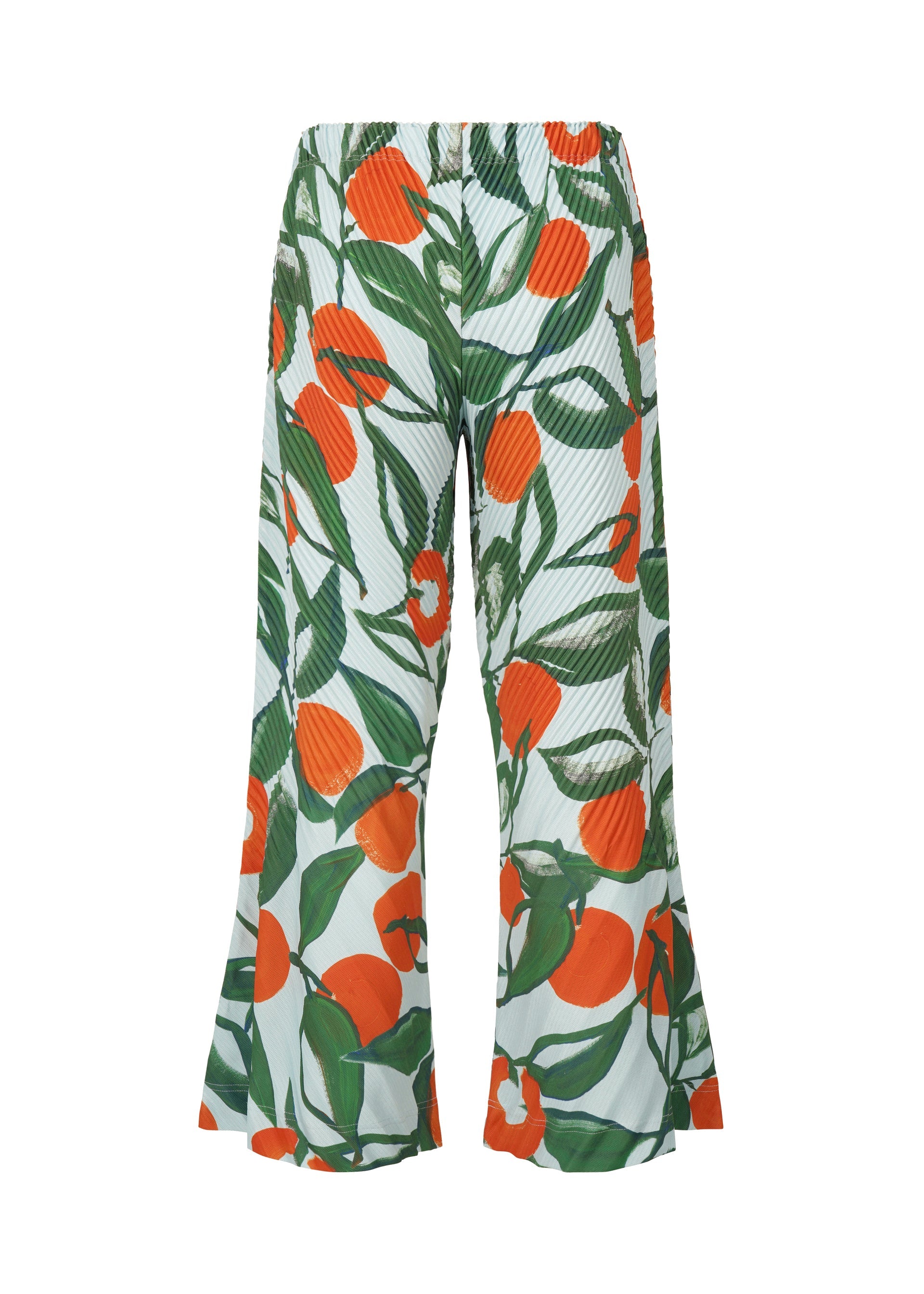 Zoomed view The FRUITS & VEGETABLES pants by HOMME PLISSÉ ISSEY MIYAKE feature a bold Italian market-inspired print with large oranges and green leaves on white, wide-leg silhouette, flared hem, and elastic waistband for comfort.