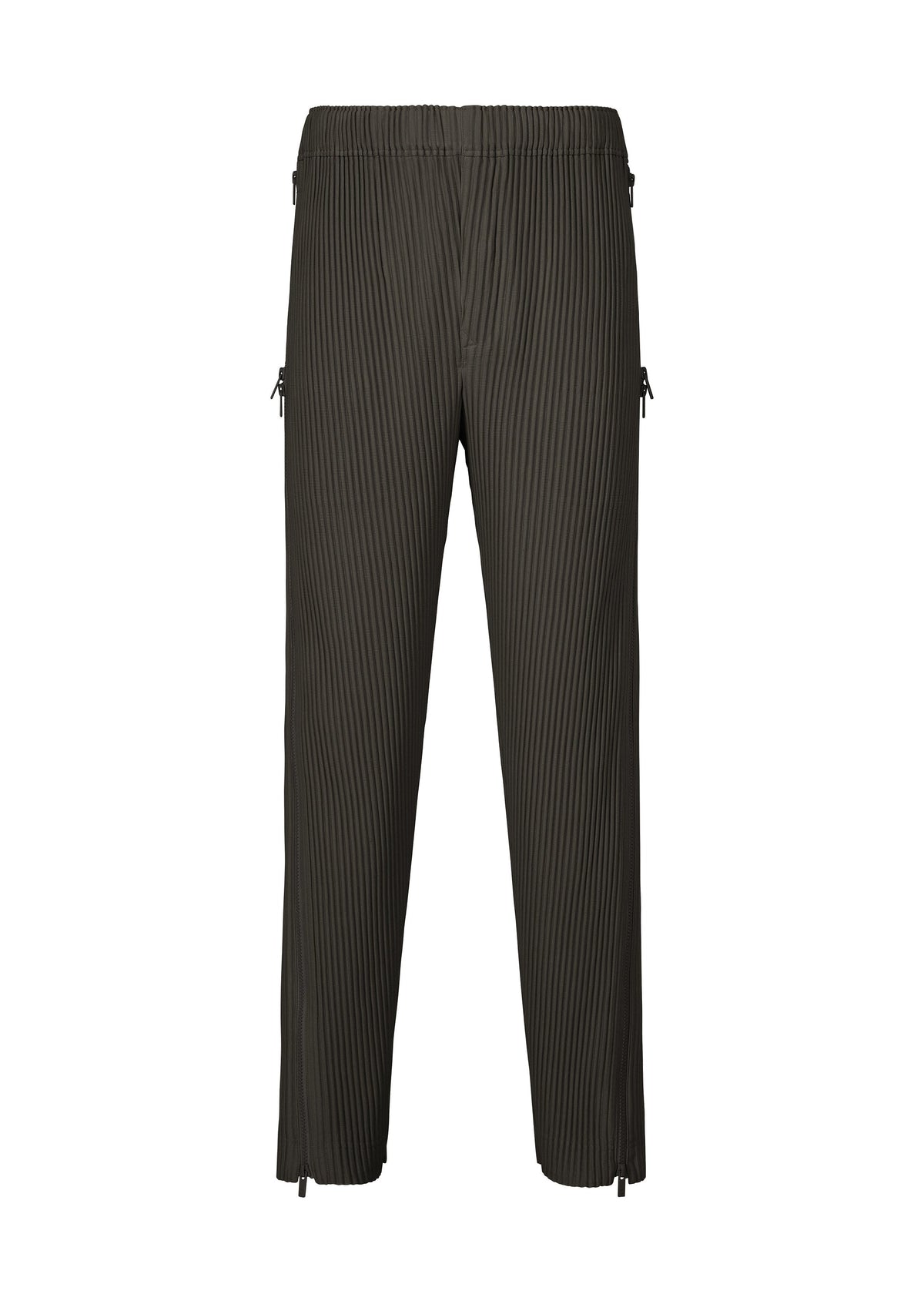 The MULTI-FASTENED pants by HOMME PLISSÉ ISSEY MIYAKE feature dark olive green pleats, a drawstring waist, straight-leg fit, elastic waistband, and subtle side zippers at hips and ankles, displayed on a white background. view 1 of 9