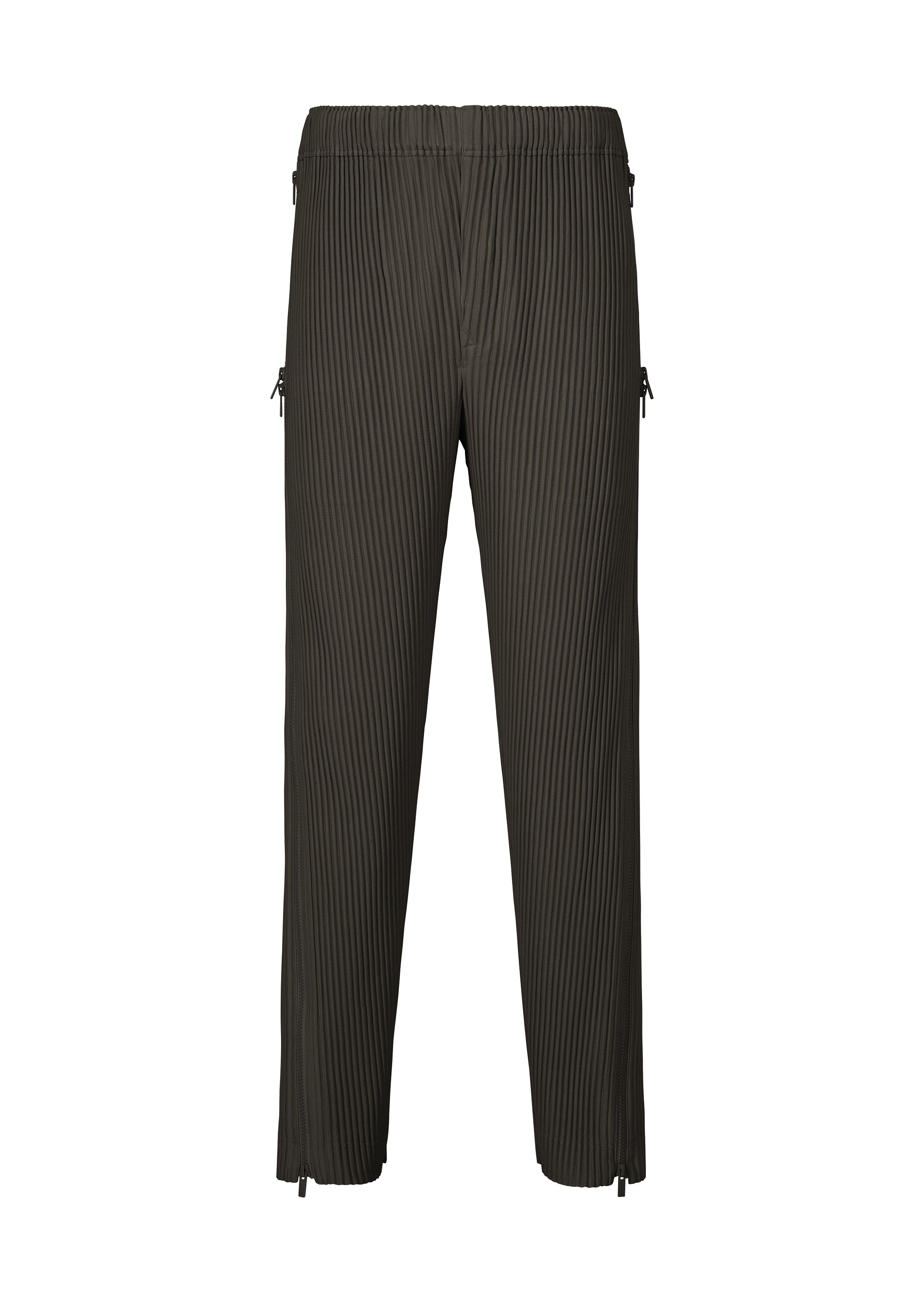 Zoomed view The MULTI-FASTENED pants by HOMME PLISSÉ ISSEY MIYAKE feature dark olive green pleats, a drawstring waist, straight-leg fit, elastic waistband, and subtle side zippers at hips and ankles, displayed on a white background. - PIZZA SCORCH BROWN （no.46）