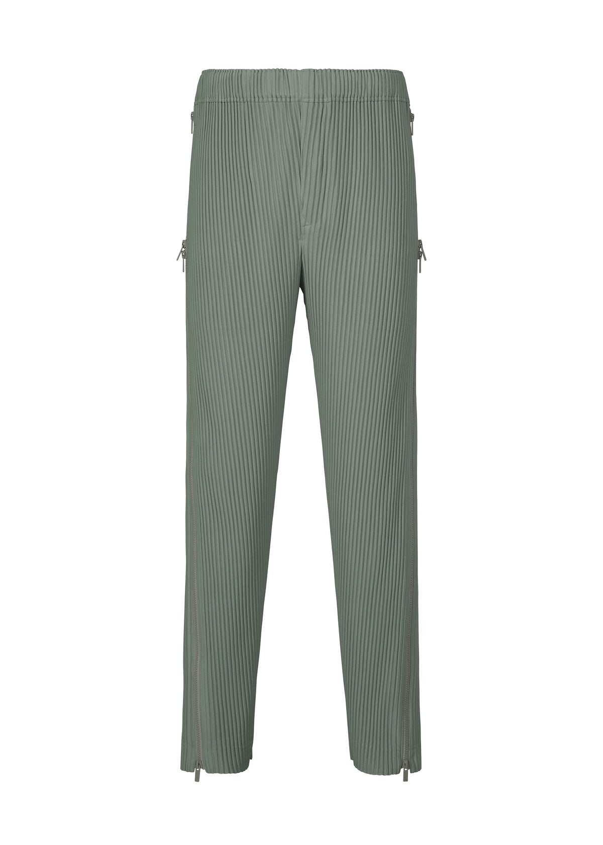 The MULTI-FASTENED pants by HOMME PLISSÉ ISSEY MIYAKE are light green, adjustable with an elastic waistband and straight legs, detailed with subtle zip closures at the ankles and sides, shown on a white background. view 2 of 9