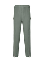 The MULTI-FASTENED pants by HOMME PLISSÉ ISSEY MIYAKE are light green, adjustable with an elastic waistband and straight legs, detailed with subtle zip closures at the ankles and sides, shown on a white background. - LUCCA STORICO BLUE （no.73）