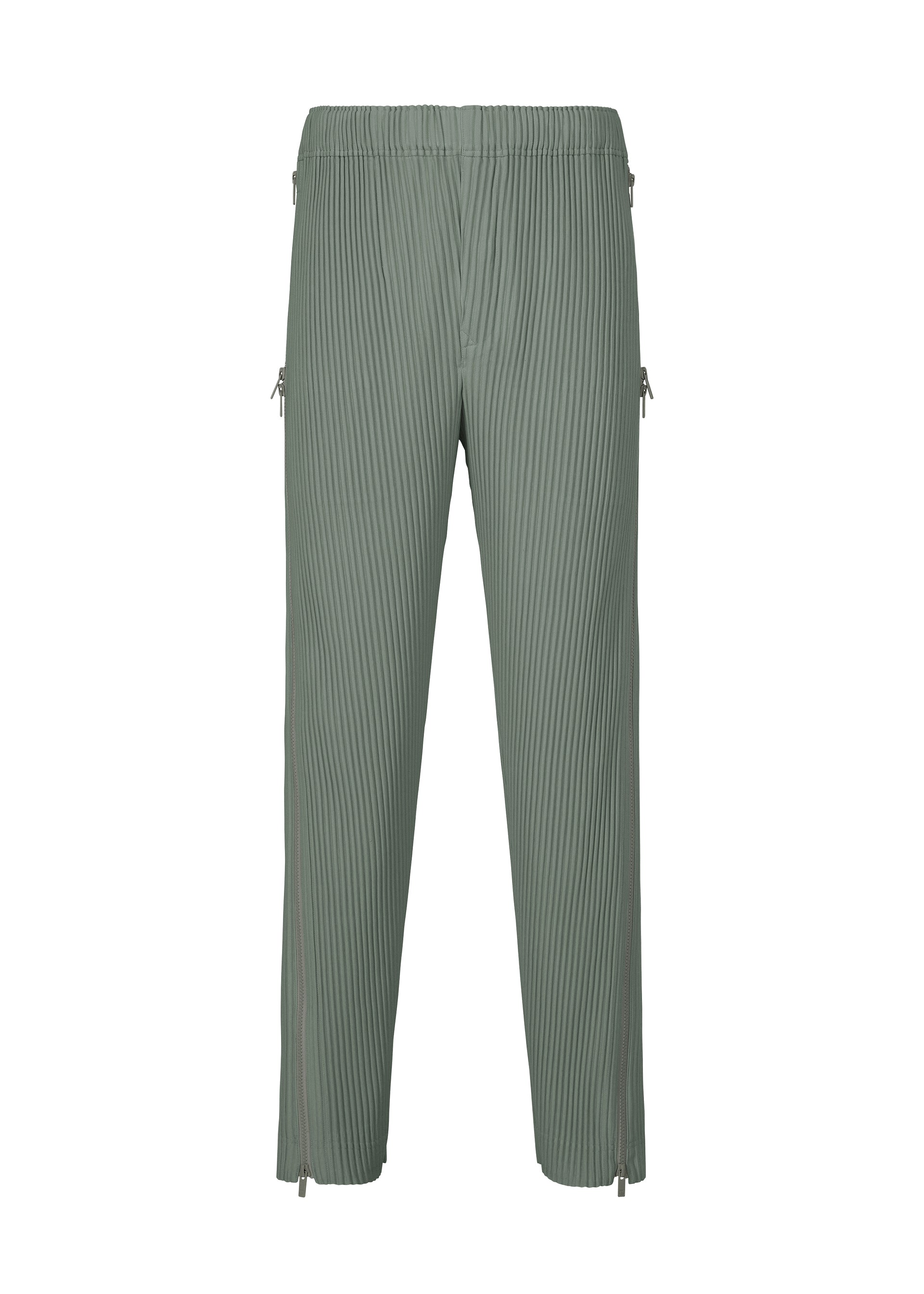 Zoomed view The MULTI-FASTENED pants by HOMME PLISSÉ ISSEY MIYAKE are light green, adjustable with an elastic waistband and straight legs, detailed with subtle zip closures at the ankles and sides, shown on a white background. - LUCCA STORICO BLUE （no.73）