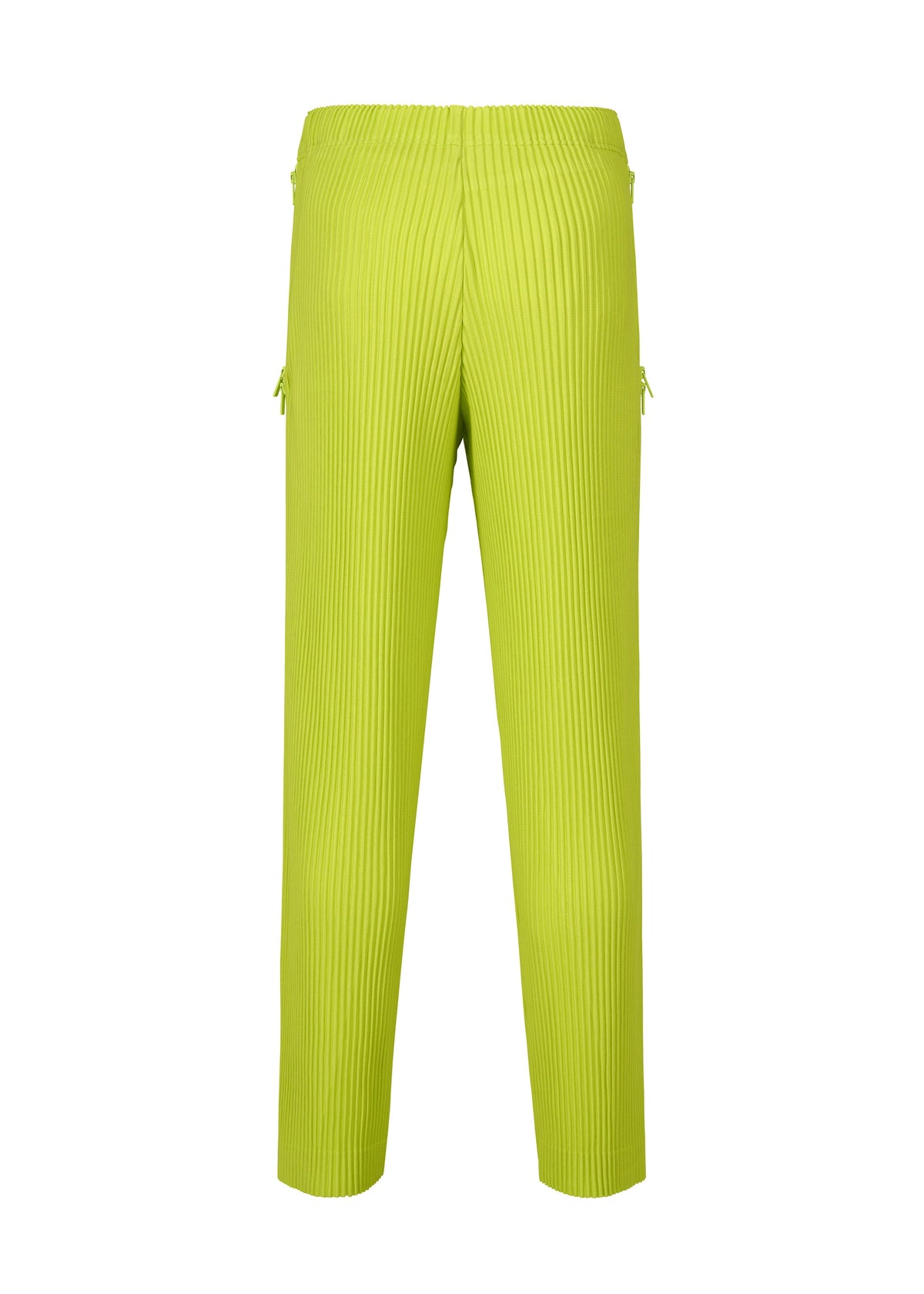 The HOMME PLISSÉ ISSEY MIYAKE MULTI-FASTENED pants in bright yellow-green feature a drawstring elastic waistband and straight legs, displayed from the back on a plain white background. view 3 of 9