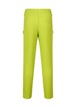 The HOMME PLISSÉ ISSEY MIYAKE MULTI-FASTENED pants in bright yellow-green feature a drawstring elastic waistband and straight legs, displayed from the back on a plain white background.