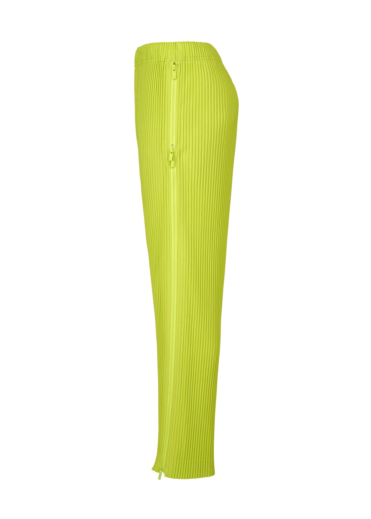 Side view of the MULTI-FASTENED pants by HOMME PLISSÉ ISSEY MIYAKE in bright yellow-green, featuring a high waist, pleats, a visible vertical zipper, and a slightly tapered leg. view 4 of 9