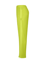 Side view of the MULTI-FASTENED pants by HOMME PLISSÉ ISSEY MIYAKE in bright yellow-green, featuring a high waist, pleats, a visible vertical zipper, and a slightly tapered leg.