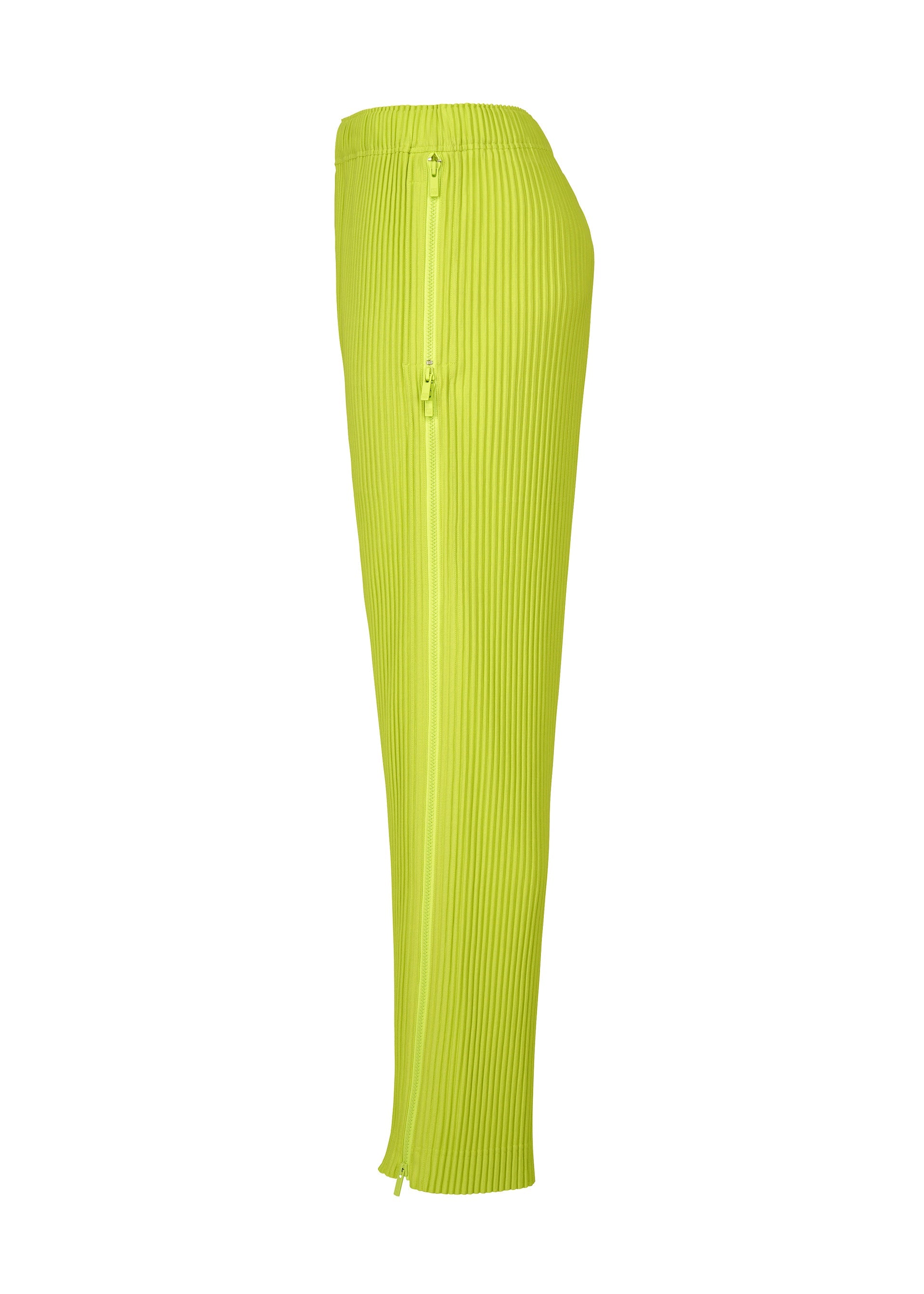 Zoomed view Side view of the MULTI-FASTENED pants by HOMME PLISSÉ ISSEY MIYAKE in bright yellow-green, featuring a high waist, pleats, a visible vertical zipper, and a slightly tapered leg.