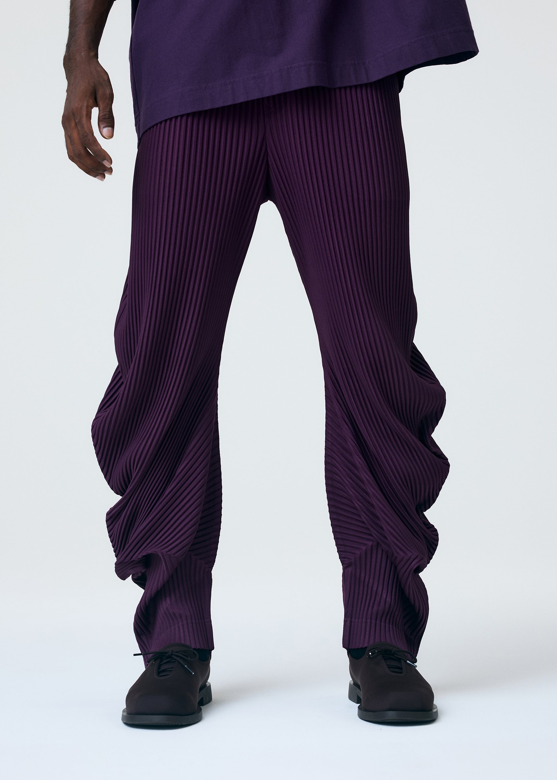 Zoomed view A person showcases HOMME PLISSÉ ISSEY MIYAKE's PLEATS BOTTOMS 1—loose, dark purple pleated ankle pants—paired with black shoes and a matching top, photographed from the waist down against a plain background.