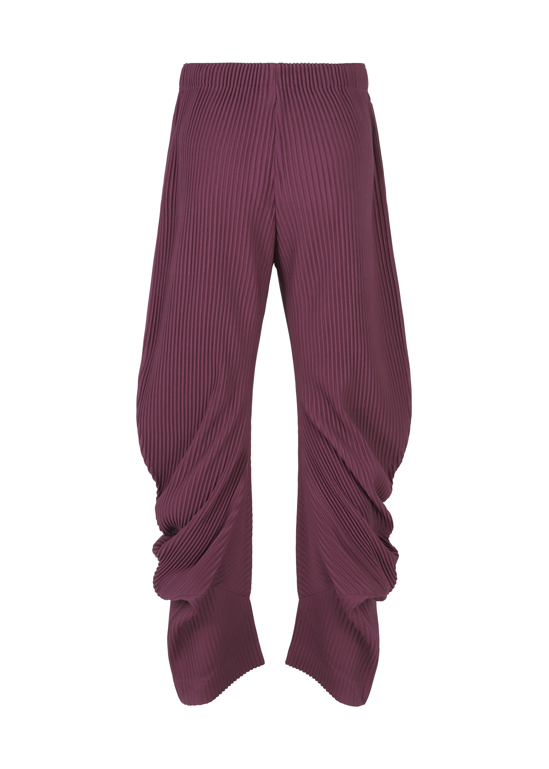 Zoomed view The PLEATS BOTTOMS 1 by HOMME PLISSÉ ISSEY MIYAKE are loose-fitting deep purple ankle pants with a high elastic waistband, exaggerated gathers, and a wave silhouette, shown on a white background.