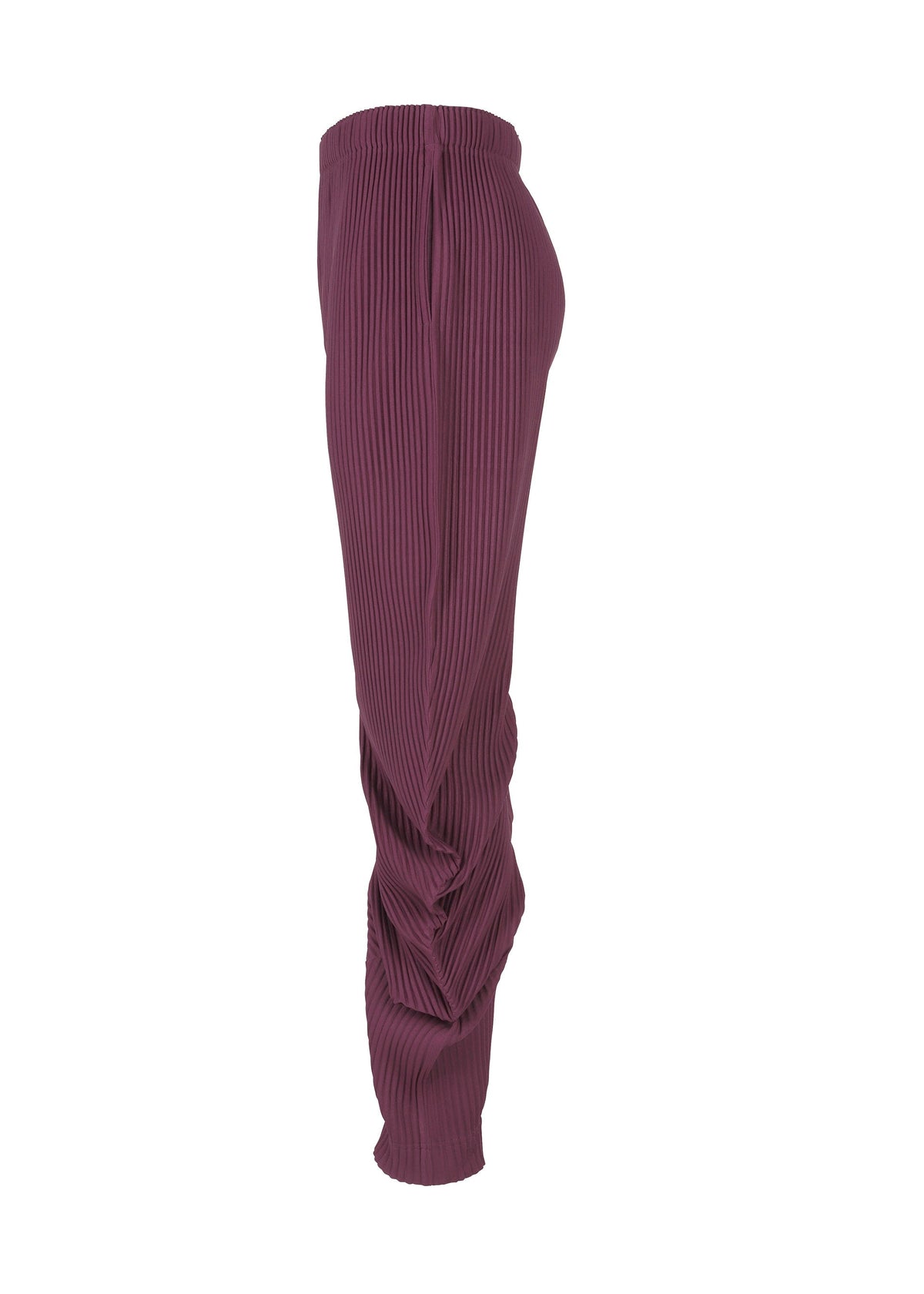Side view of HOMME PLISSÉ ISSEY MIYAKE PLEATS BOTTOMS 1: high-waisted, ribbed maroon ankle pants featuring a textured, pleated design with a slim fit and gathered ankles. view 3 of 6