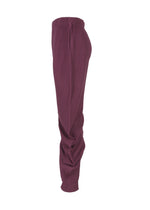 Side view of HOMME PLISSÉ ISSEY MIYAKE PLEATS BOTTOMS 1: high-waisted, ribbed maroon ankle pants featuring a textured, pleated design with a slim fit and gathered ankles.