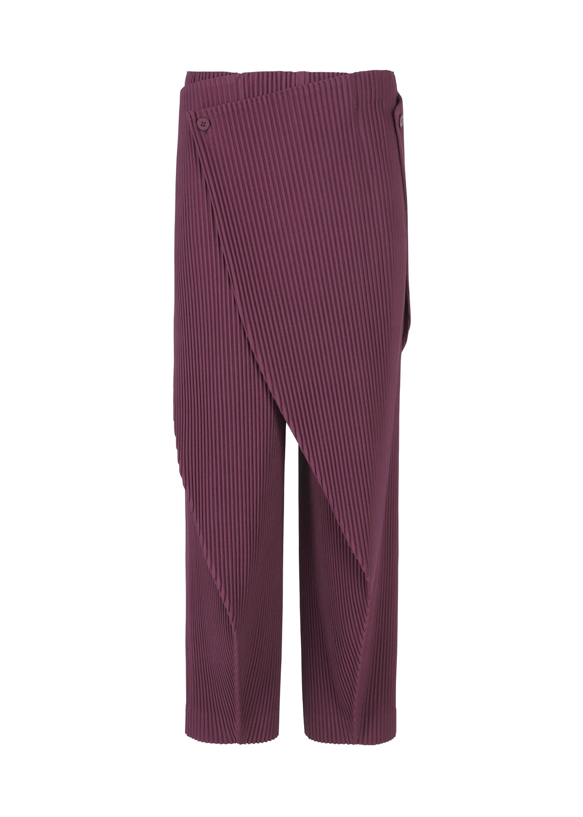 The HOMME PLISSÉ ISSEY MIYAKE PLEATS BOTTOMS 1 are maroon wrap pants with pleated draping, an asymmetrical wrap-over front, wide legs, and button details at the waistband inspired by Italian dome architecture. view 2 of 6