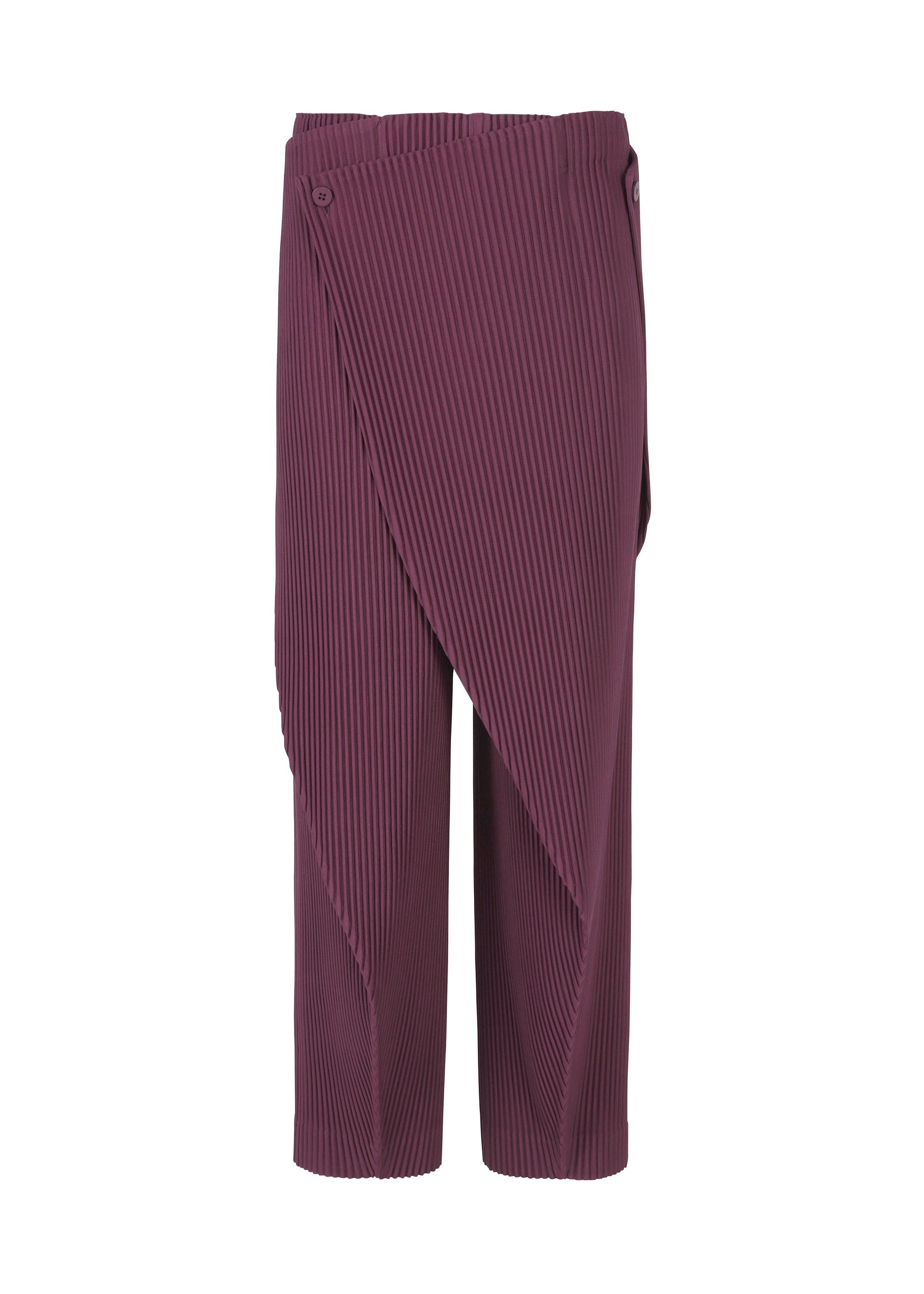 Zoomed view The HOMME PLISSÉ ISSEY MIYAKE PLEATS BOTTOMS 1 are maroon wrap pants with pleated draping, an asymmetrical wrap-over front, wide legs, and button details at the waistband inspired by Italian dome architecture. - FLOWER VIOLET （no.84）