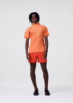 A person stands against a plain light background, wearing HOMME PLISSÉ ISSEY MIYAKE COLORFUL PLEATS BOTTOMS with a matching short-sleeve top, brown tights, dark shoes, and has short black hair and a neutral expression.