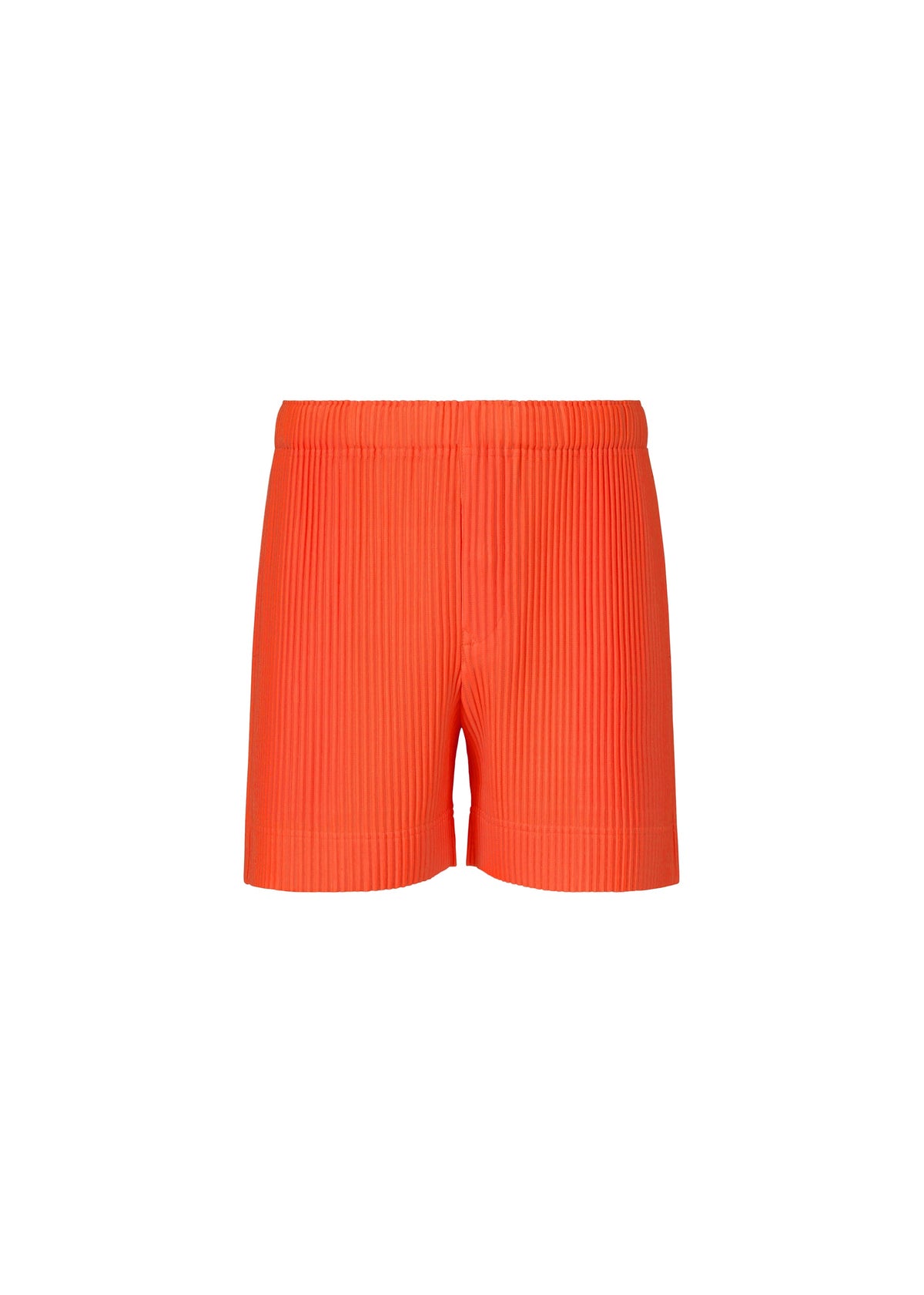 COLORFUL PLEATS BOTTOMS by HOMME PLISSÉ ISSEY MIYAKE—bright orange pleated polyester shorts with an elastic waistband, shown on a plain white background. view 1 of 8