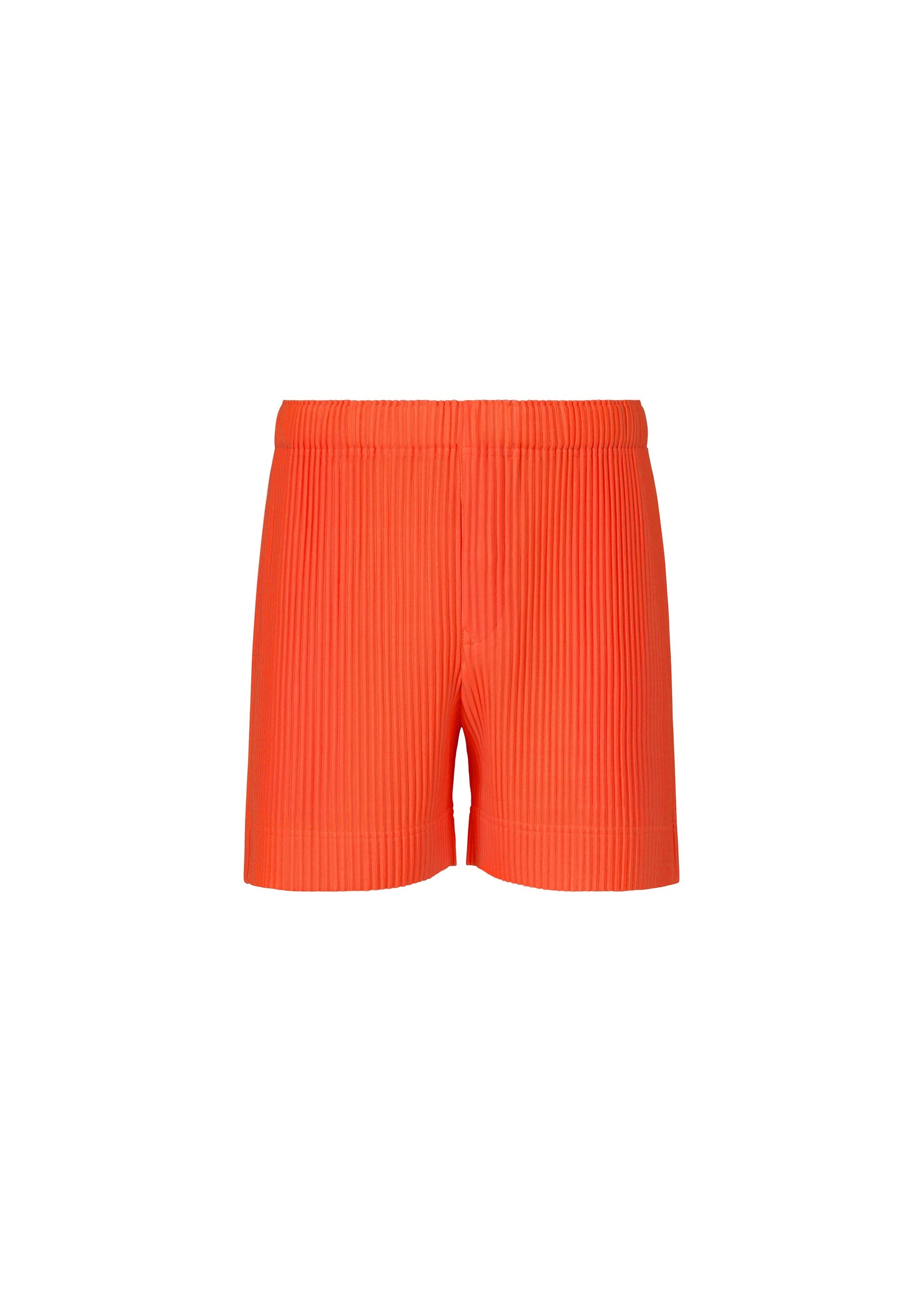 Zoomed view COLORFUL PLEATS BOTTOMS by HOMME PLISSÉ ISSEY MIYAKE—bright orange pleated polyester shorts with an elastic waistband, shown on a plain white background. - MANAROLA BOAT ORANGE （no.34）