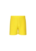 The COLORFUL PLEATS BOTTOMS by HOMME PLISSÉ ISSEY MIYAKE are bright yellow ribbed polyester shorts with an elastic waistband. Shown on a plain white background, these quick dry shorts are ideal for active days. - TRAMPOLINO YELLOW （no.50）